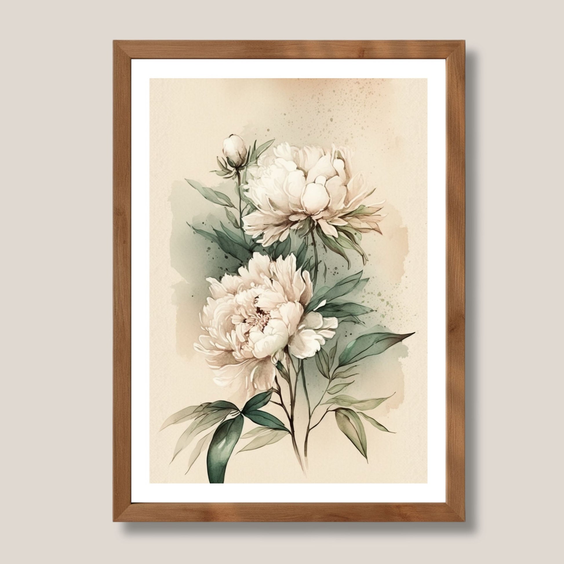 Akvarell Peonprakt No4 bringer naturens ynde inn i hjemmet med tre blomstrende peoner i perfekt balanse. illustrasjon viser motivet som plakat med hvit kantlinje i eik ramme.