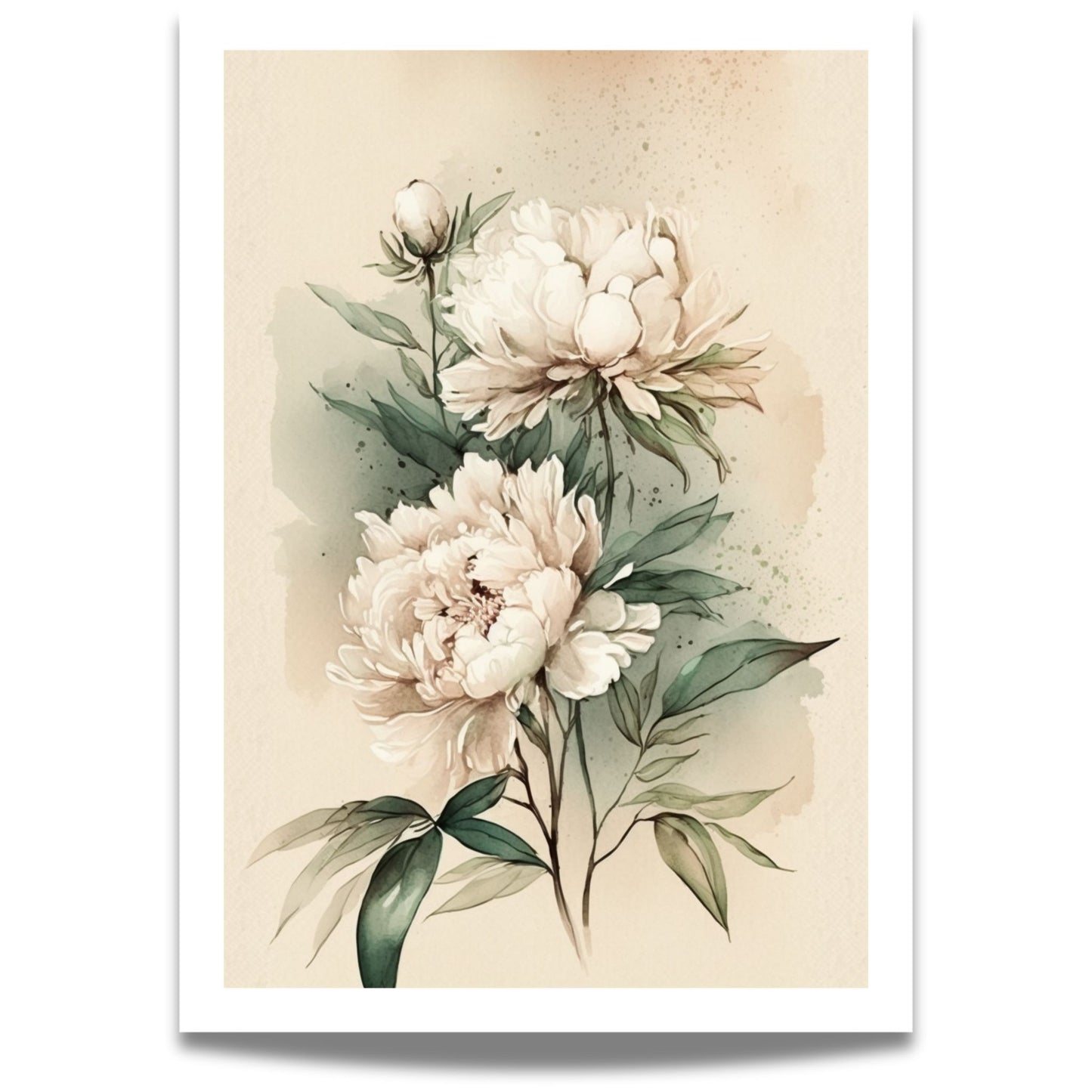Akvarell Peonprakt No4 bringer naturens ynde inn i hjemmet med tre blomstrende peoner i perfekt balanse