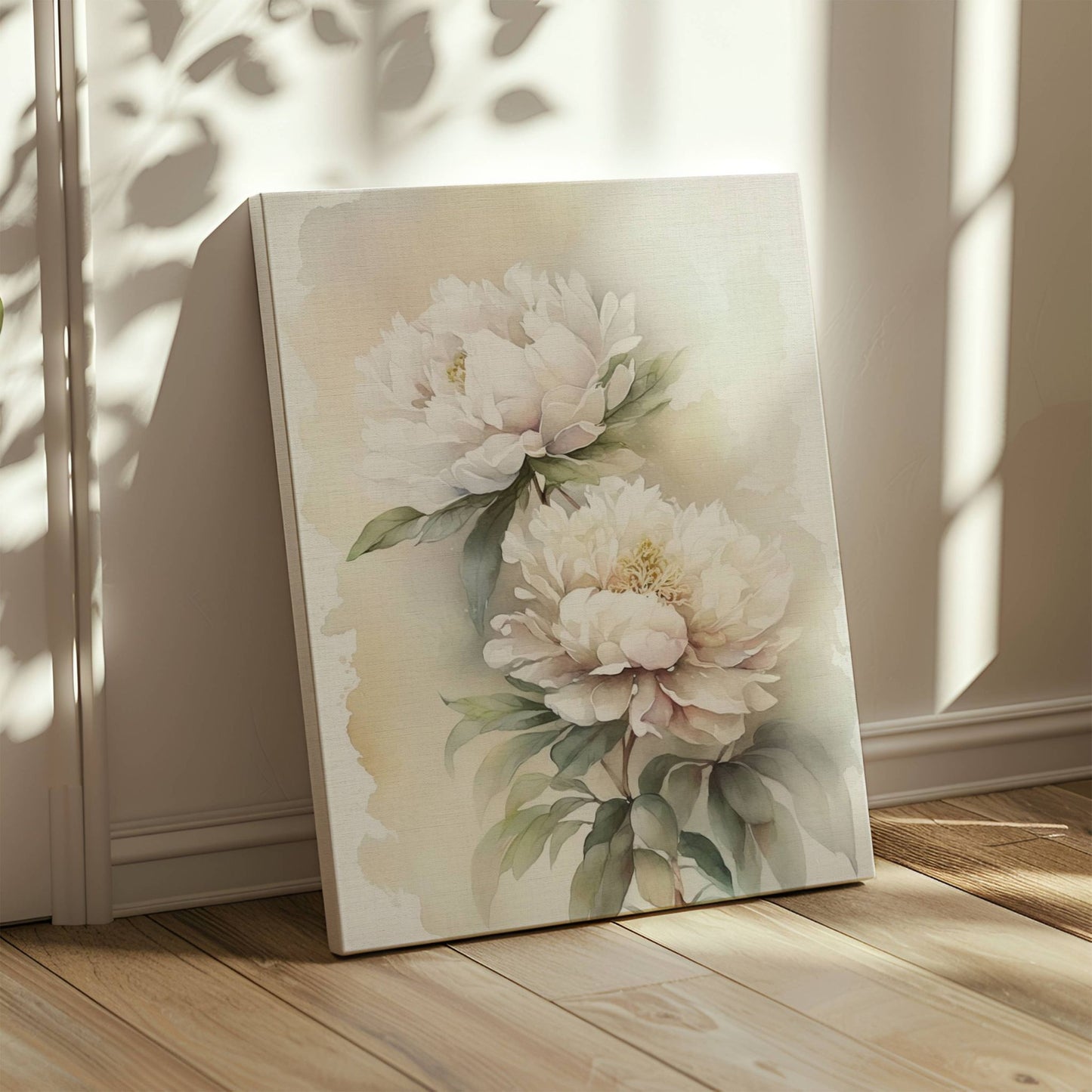 Akvarell Peonprakt No.1 er en elegant blomsterplakat med myke penselstrøk og delikate nyanser. Illustrasjon viser motivet på lerret.