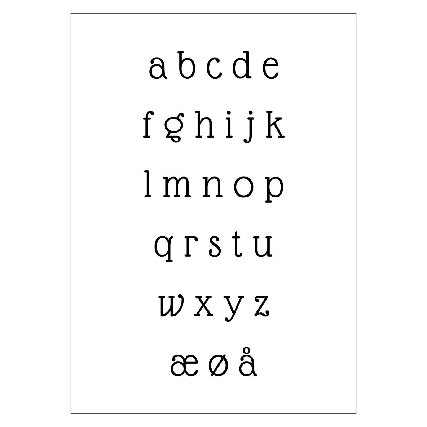 Alfabetplakat skrift Glass Antiqua - små bokstaver.
