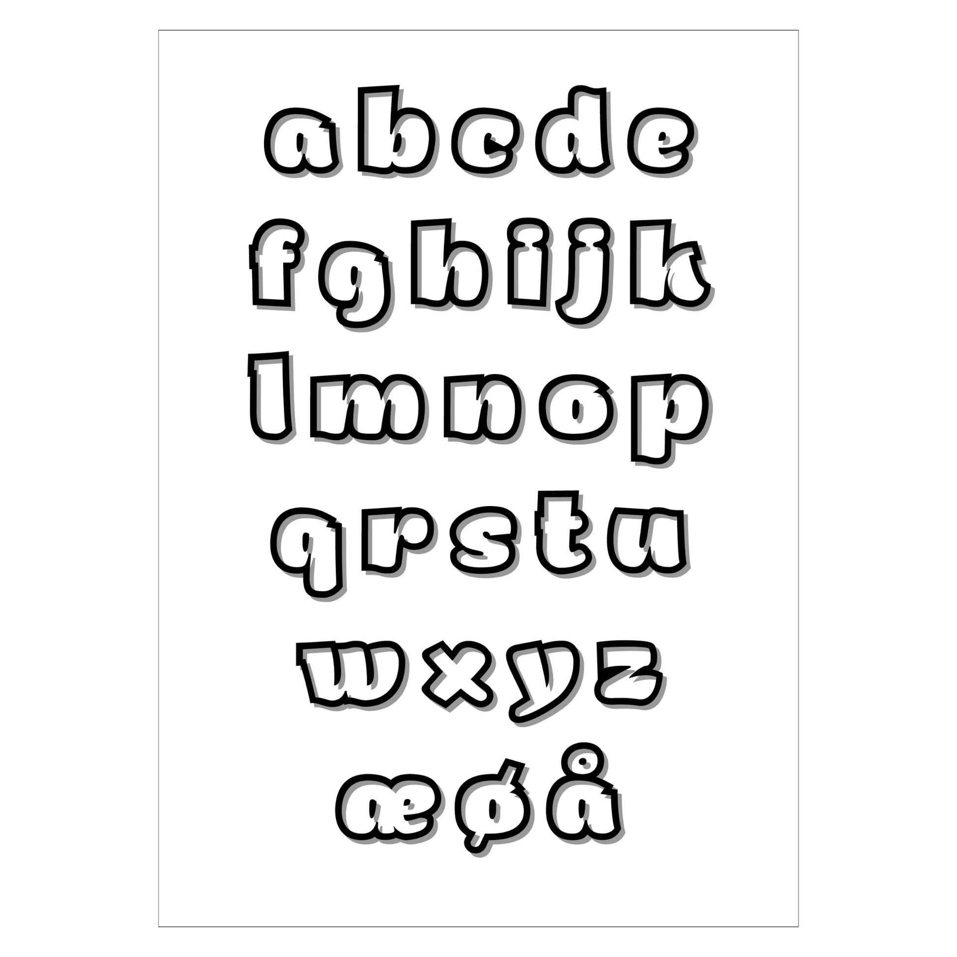 Alfabetplakat skrift Arturo Outline små bokstaver. 