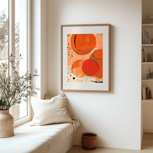Med sine myke, organiske former i nyanser av rav, terrakotta og beige, kombinert med lekne svarte prikker, skaper dette kunstverket et moderne og stilrent uttrykk. Illustrasjon viser motivet som plakat med passepartout i ramme.