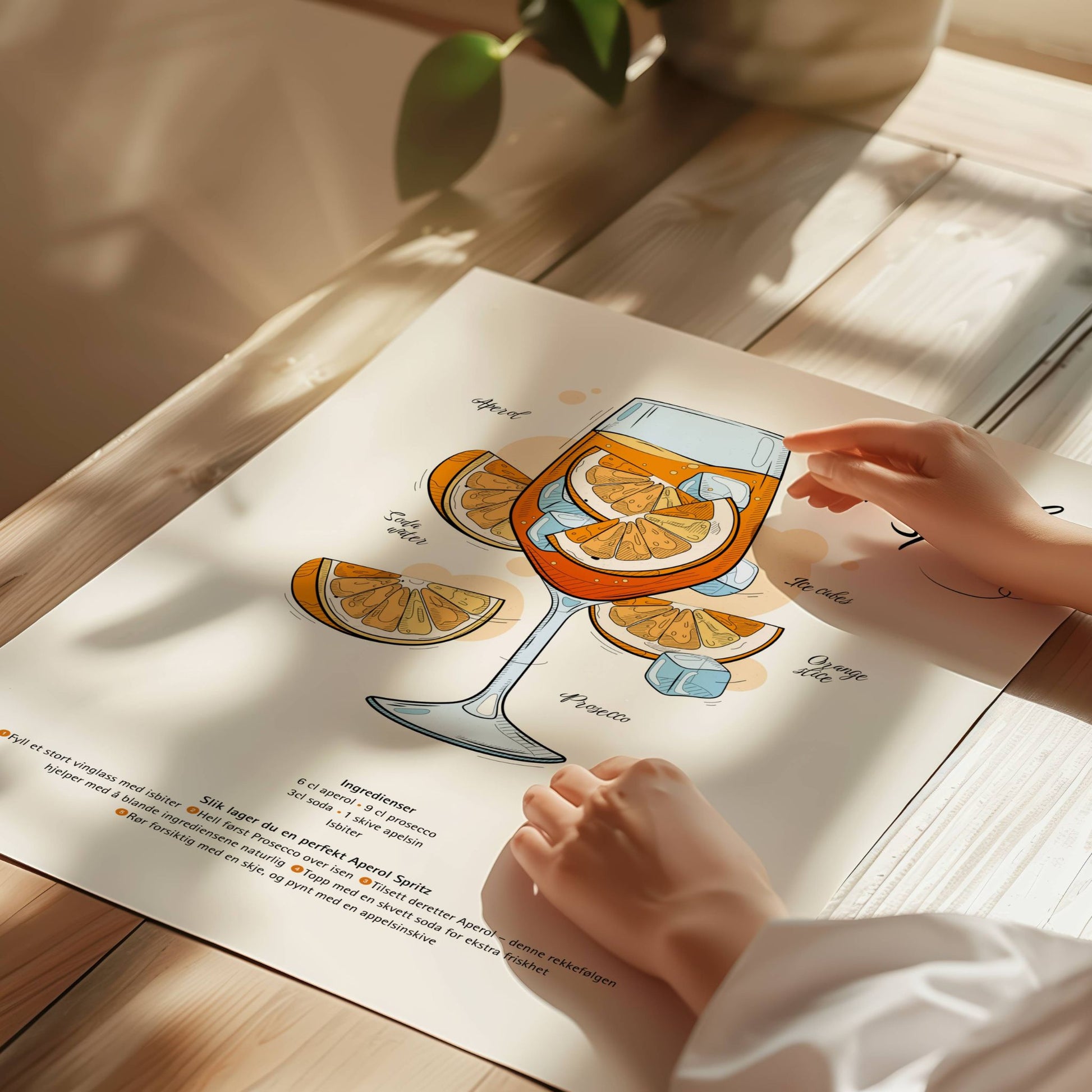  Denne stilfulle og dekorative plakaten viser den klassiske Aperol Spritz-oppskriften med en kunstnerisk illustrasjon av cocktailen. Illustrasjon viser plakat på print.