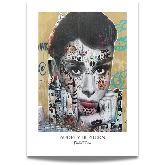 Illustrasjonen viser en fargerik paste up plakat av "Audrey Hepburn".