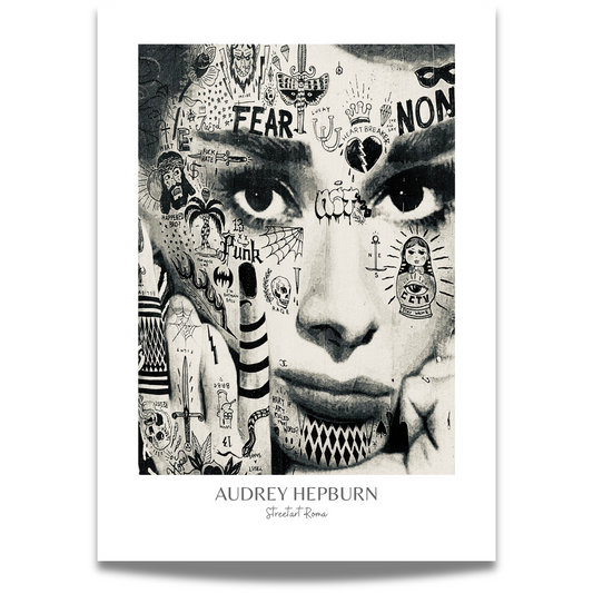 Illustrasjonen viser en monokrom paste up plakat av "Audrey Hepburn".