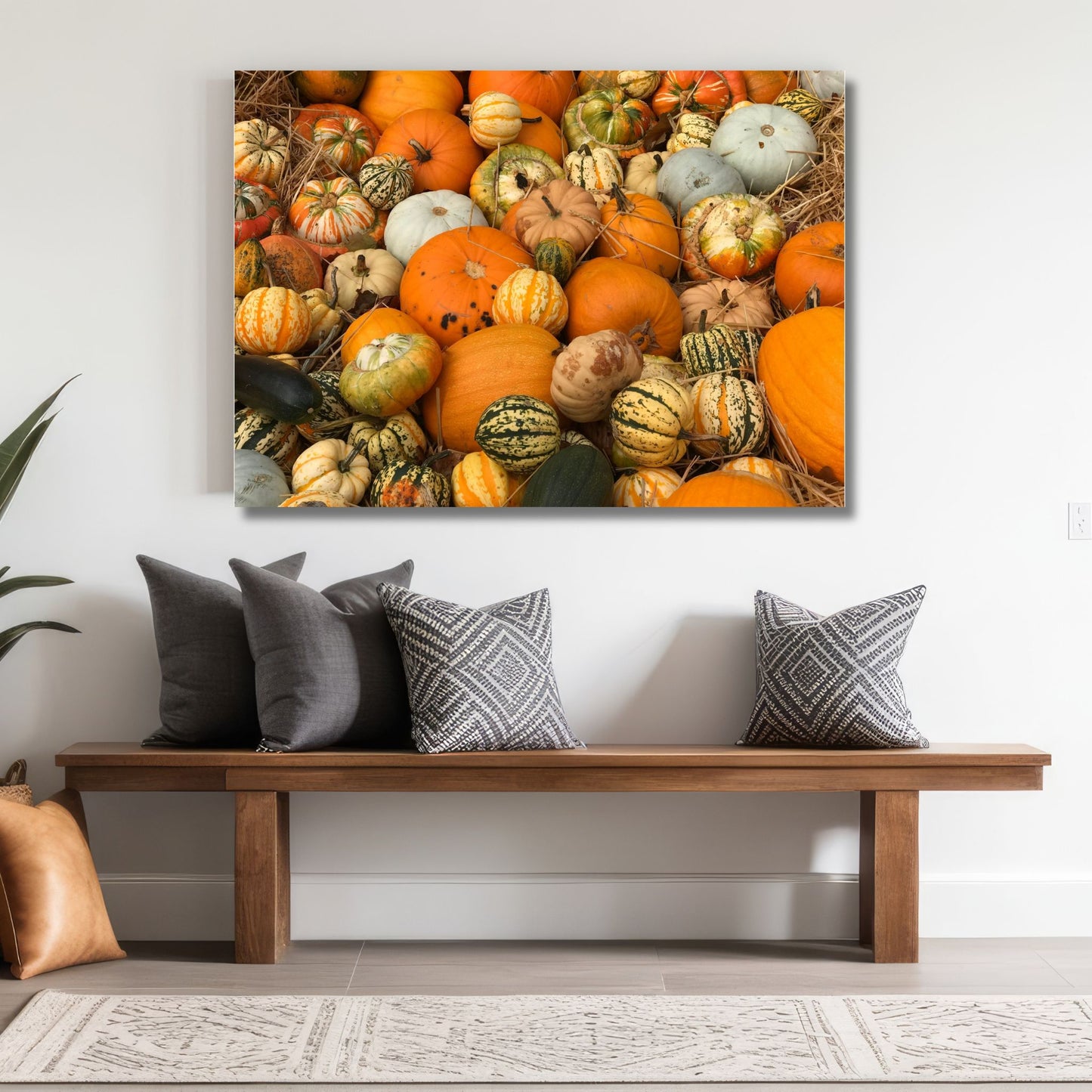 Med fargerike gresskar i varme høsttoner, perfekt for å feire både Halloween og den vakre høstsesongen, skaper disse kunstverkene en lun og festlig atmosfære. Illustrasjonsfoto viser motivet på lerret.