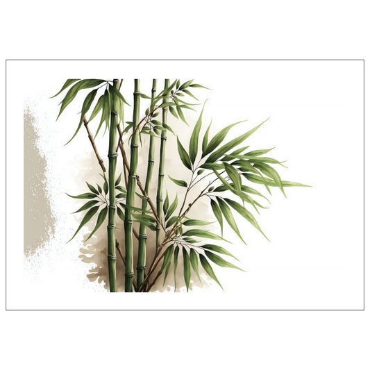 Grafisk akvarell av bambus kvister i grønne nyanser på grå og hvit bakgrunn.