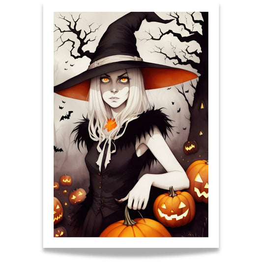Fang essensen av Halloween med Bewitching Witch, en fengslende Halloween-plakat som viser en mystisk heks omgitt av Jack-O'-Lanterns og flaggermus