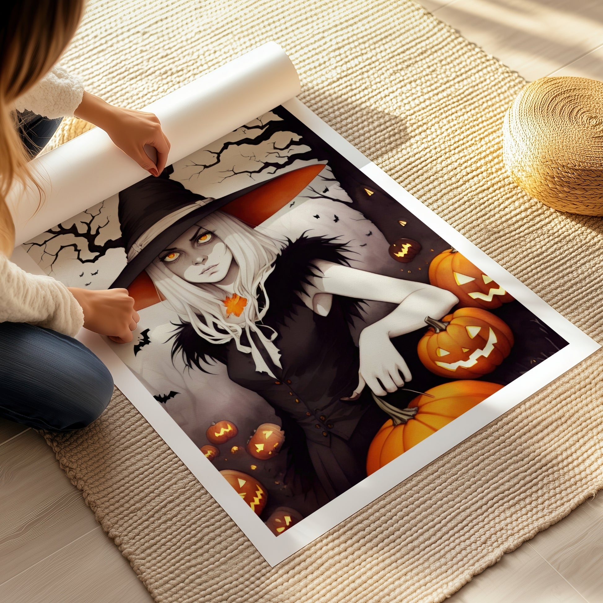 Fang essensen av Halloween med Bewitching Witch, en fengslende Halloween-plakat som viser en mystisk heks omgitt av Jack-O'-Lanterns og flaggermus. illustrasjon viser plakat på print.