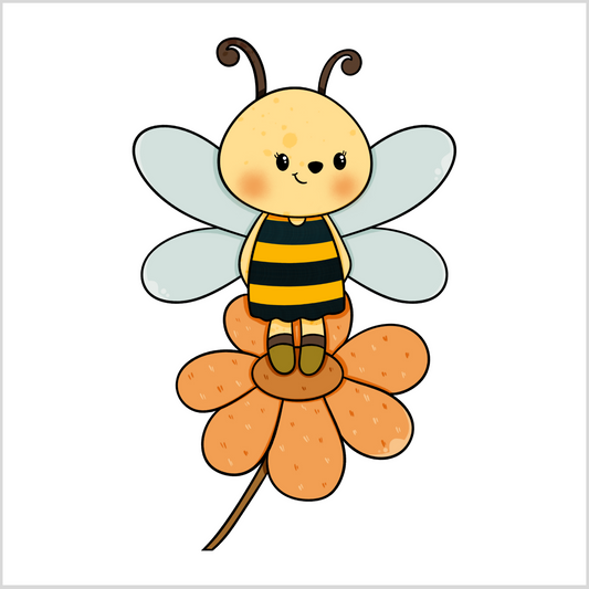 Grafisk motiv som illustrerer en bie-jente som sitter på en rosa blomst. Bien har lyse blå vinger, og har på en kjole med svarte og gule tverr striper.