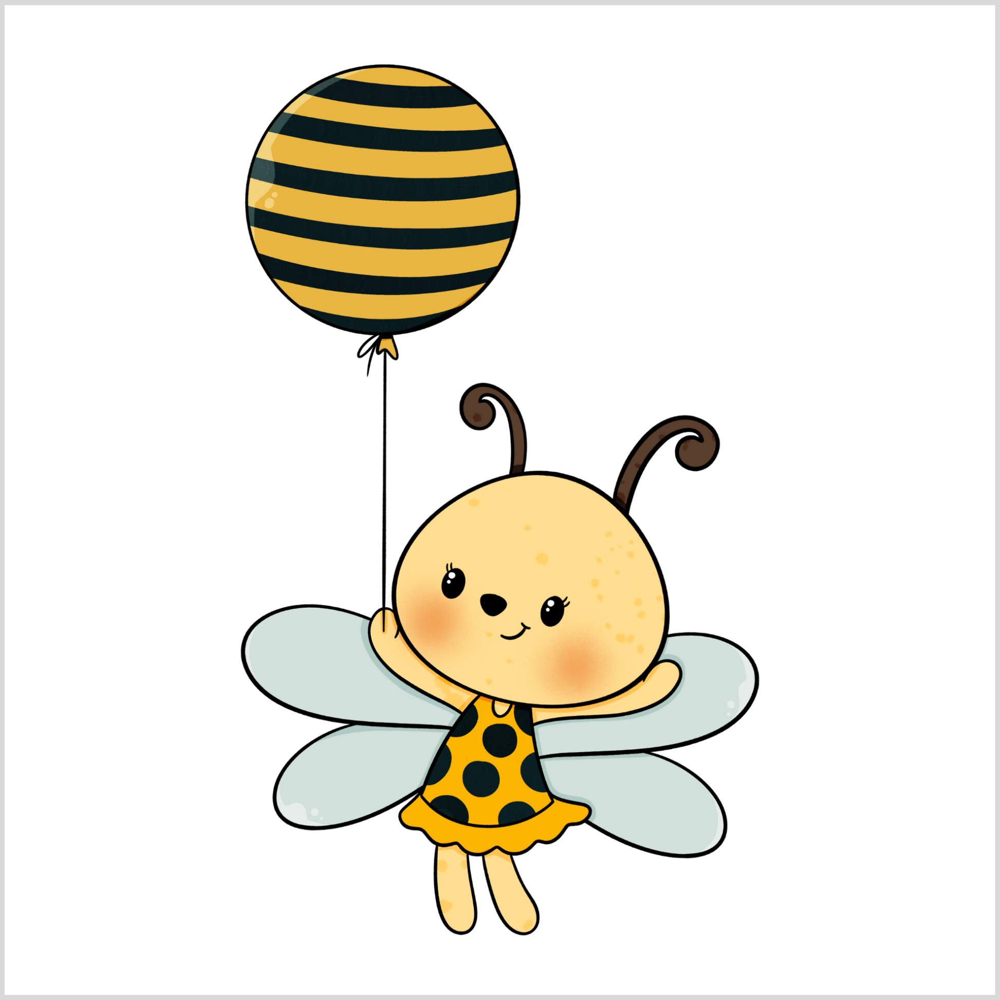 Grafisk motiv som illustrerer en bie-jente som holder en ballong med svarte og gule striper. Den har lyse blå vinger og en gul kjole med svarte prikker.