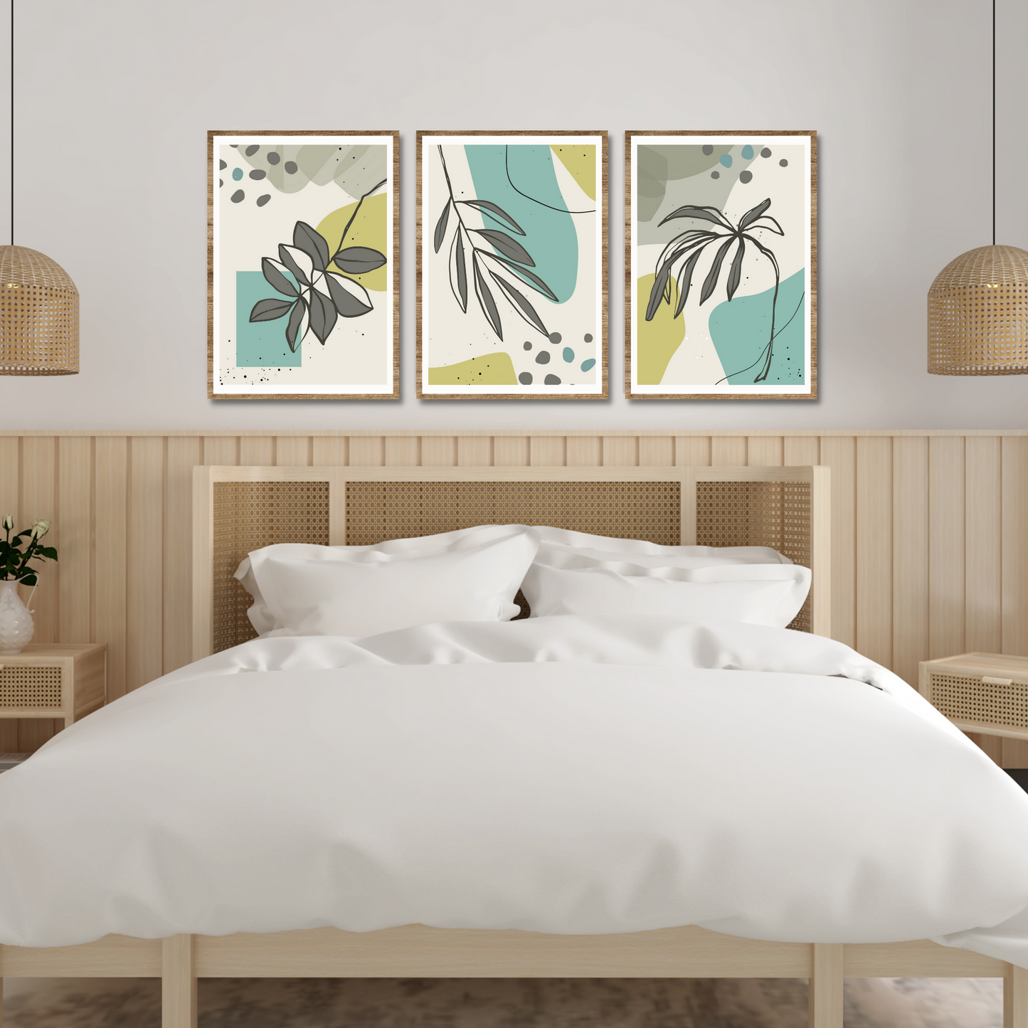 Serie med tre abstrakte grafiske motiver med tropiske blader i fargenyanser grå, lime og turkis. Plakaten har hvit kantlinje. For innramming eller på lerret.