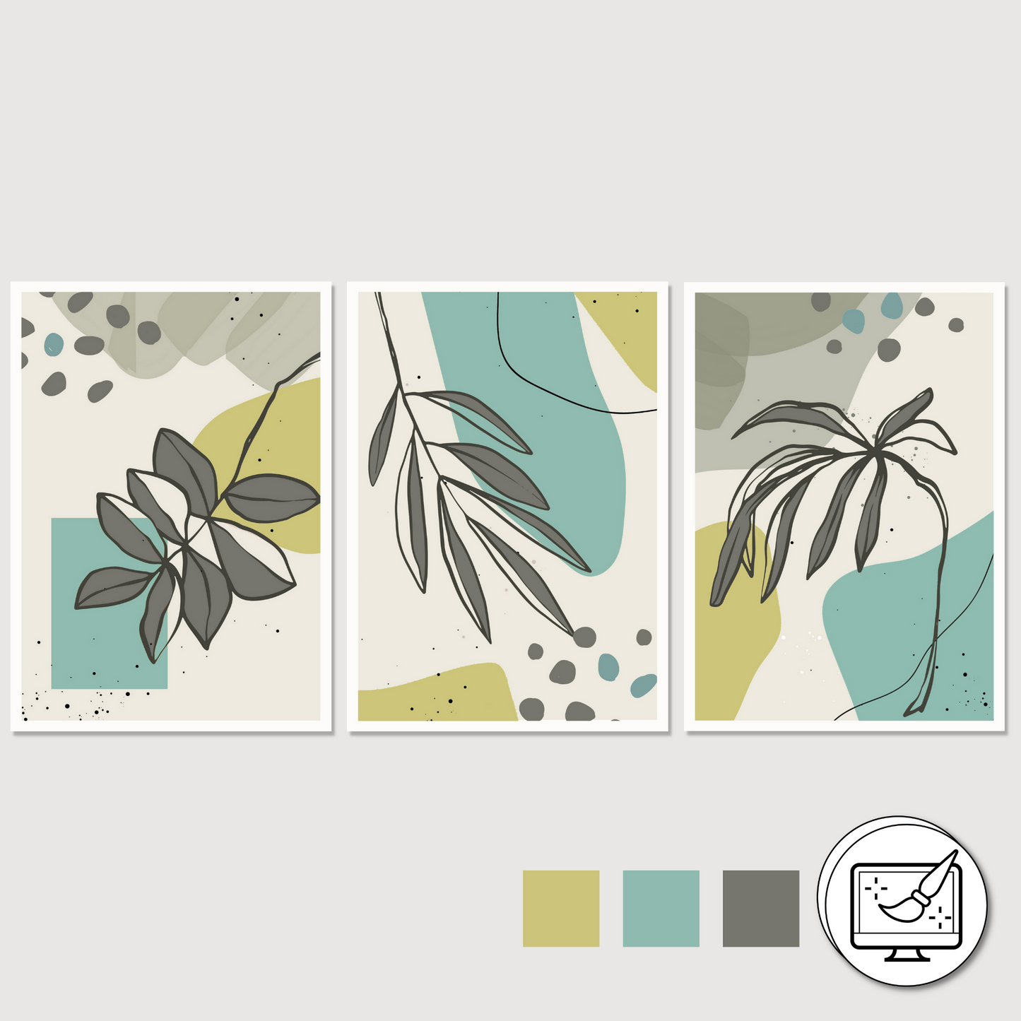 Serie med tre abstrakte grafiske motiver med tropiske blader i fargenyanser grå, lime og turkis. Plakaten har hvit kantlinje. For innramming eller på lerret.