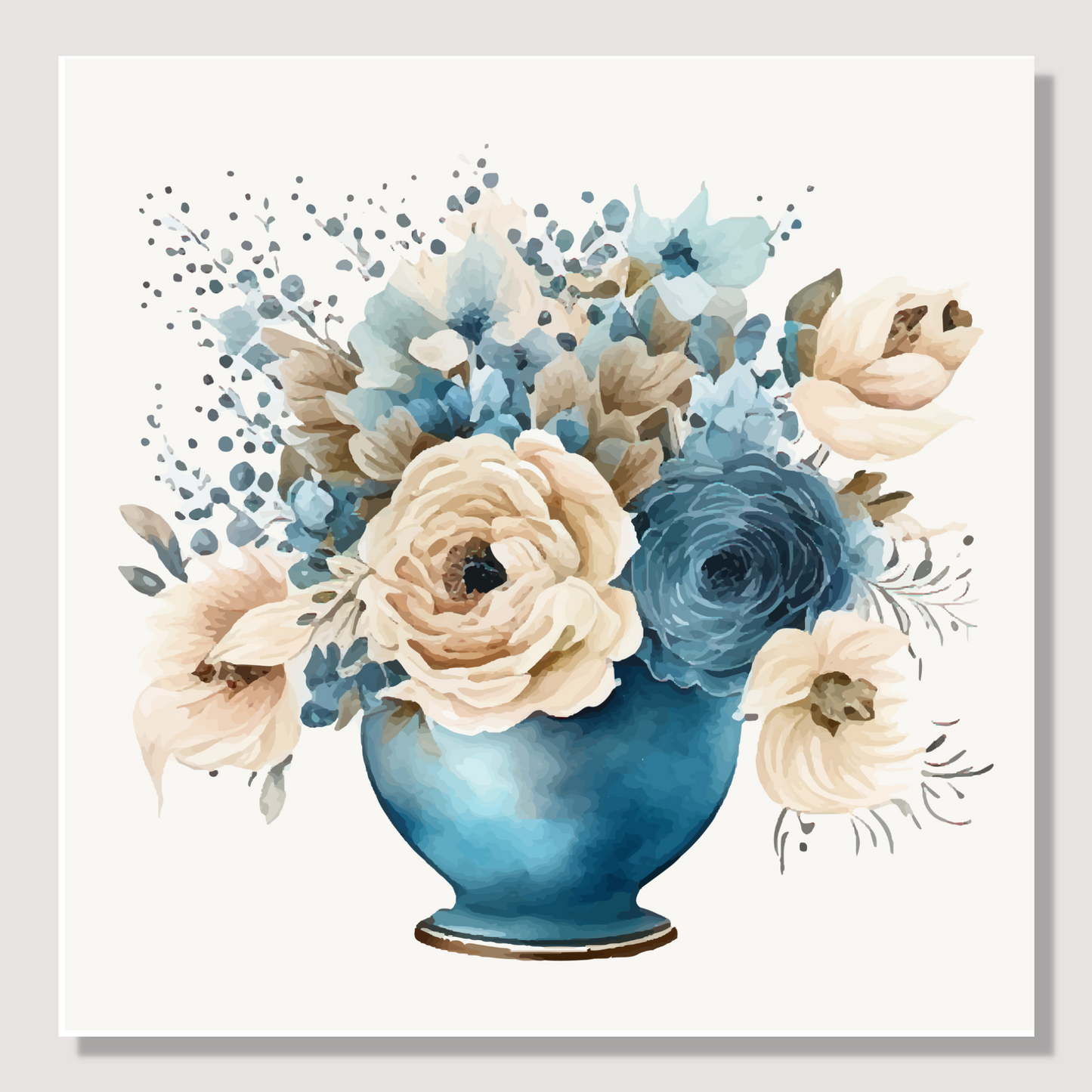 Blomstermotiv å¨lerret i vannfarger. Blå vase med rosebukett i beige og blått. 