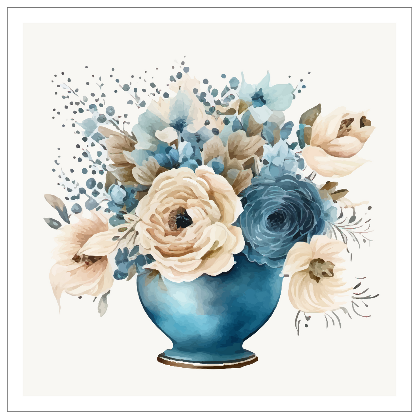 Blomstermotiv i vannfarger. Blå vase med rosebukett i beige og blått. Plakaten har hvit dekorativ kant.