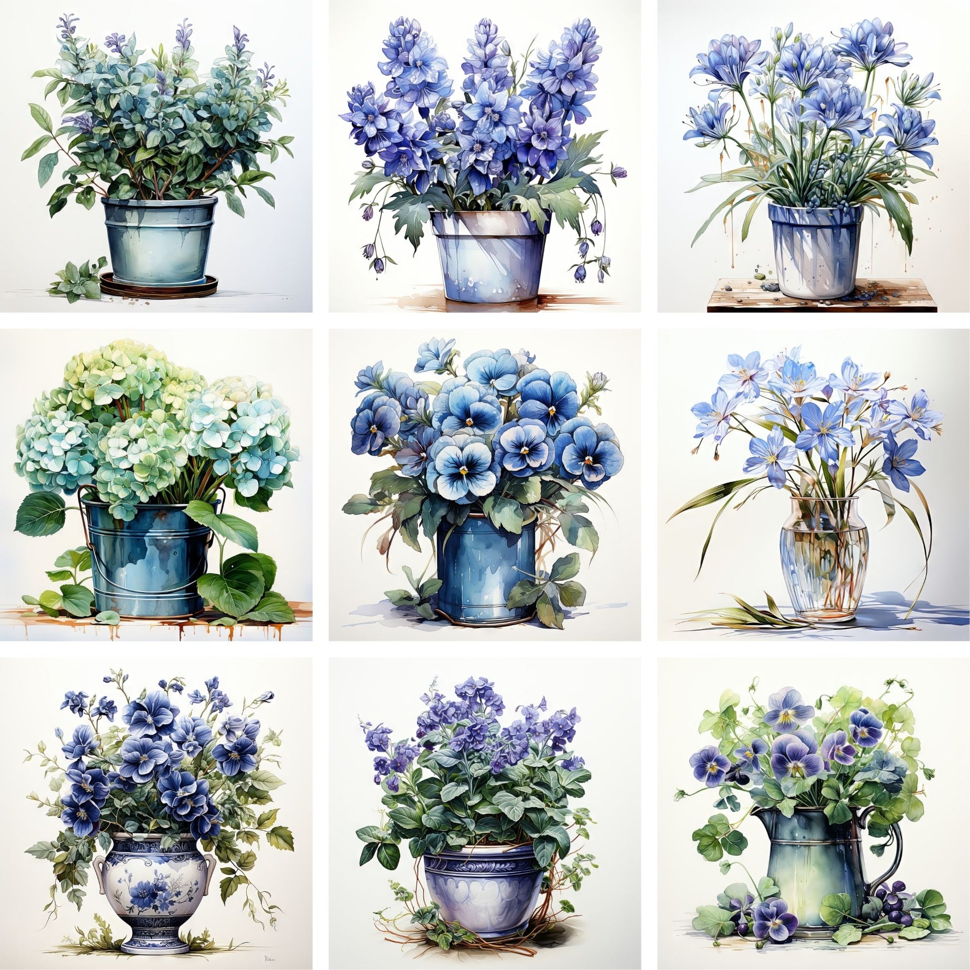 Disse unike kortene er laget som grafiske illustrasjoner i akvarell, og fanger den delikate skjønnheten av botaniske motiver som planter og blomster. Hvert sett inneholder 10 ulike motiver i fargenyanser i blått.