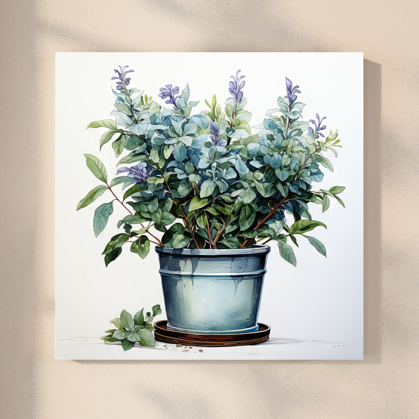 Våre "Blomster i Blått" plakat og lerret er vakkert designet med grafiske illustrasjoner i akvarell, som fremhever botaniske motiv av planter og blomster i nyanser av blått. Illustrasjon viser motivet på lerret.