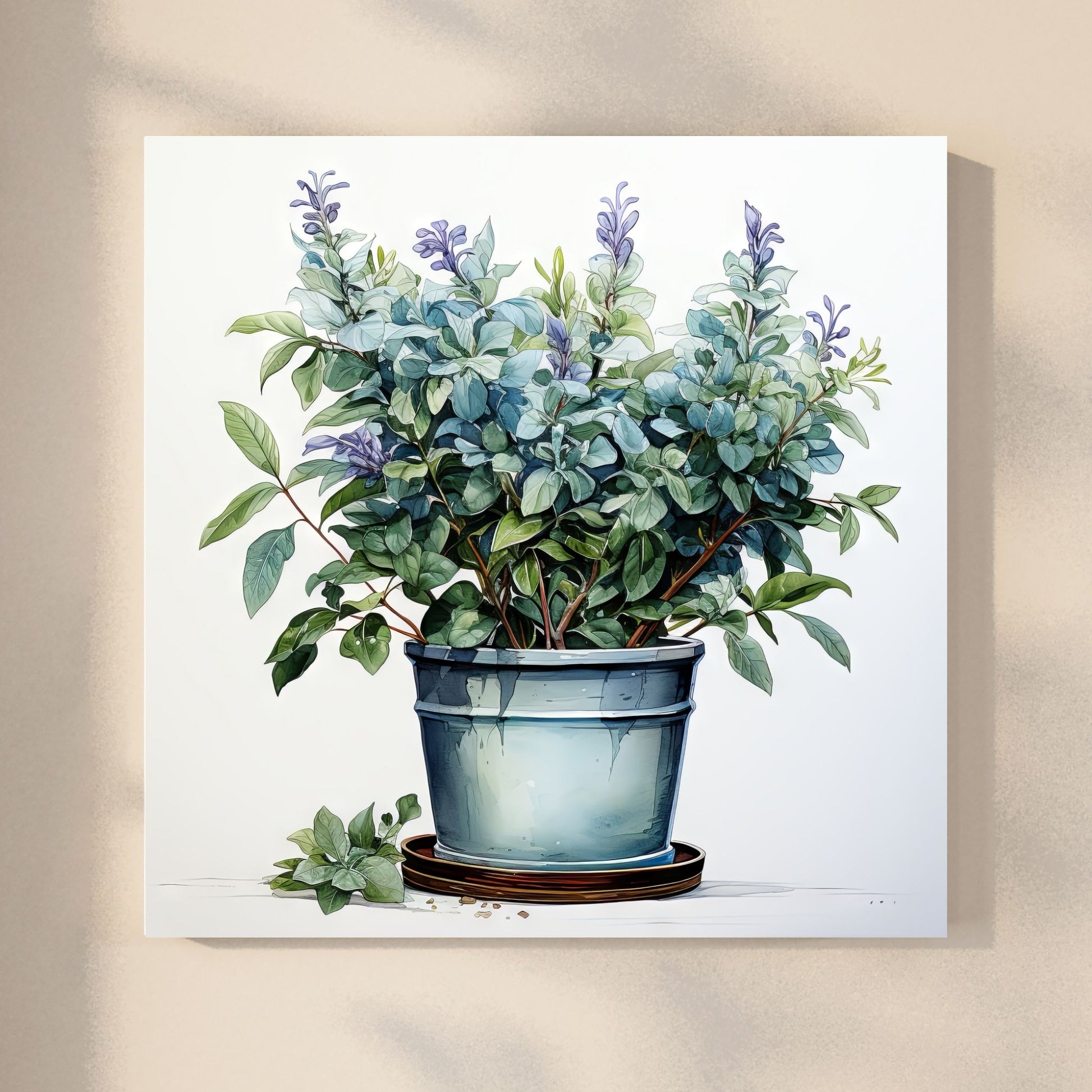 Våre "Blomster i Blått" plakat og lerret er vakkert designet med grafiske illustrasjoner i akvarell, som fremhever botaniske motiv av planter og blomster i nyanser av blått. Illustrasjon viser motivet på lerret.