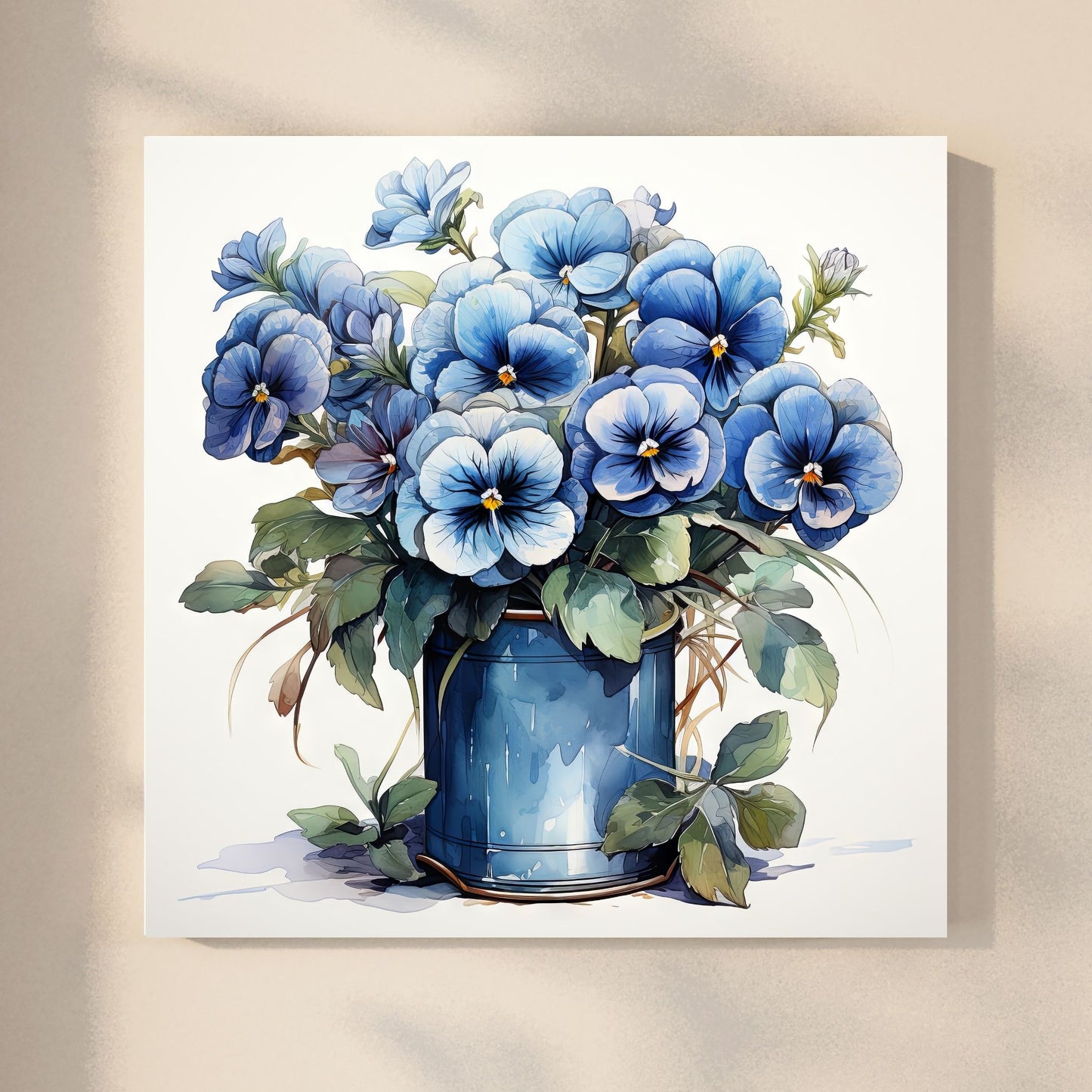 Våre "Blomster i Blått" plakat og lerret er vakkert designet med grafiske illustrasjoner i akvarell, som fremhever botaniske motiv av planter og blomster i nyanser av blått. Illustrasjon viser motivet på lerret.