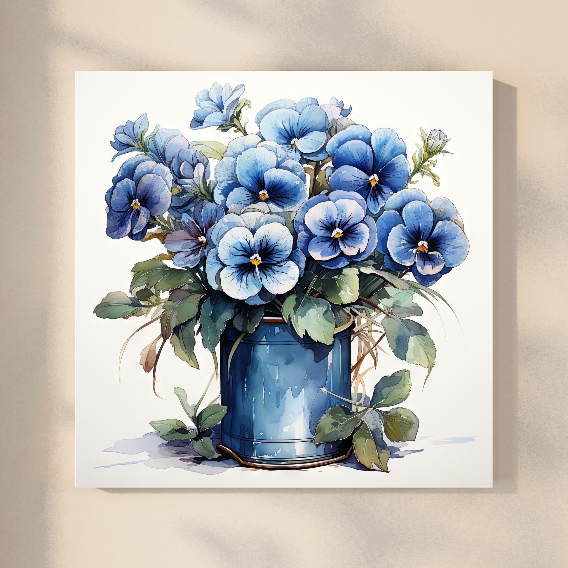 Våre "Blomster i Blått" plakat og lerret er vakkert designet med grafiske illustrasjoner i akvarell, som fremhever botaniske motiv av planter og blomster i nyanser av blått. Illustrasjon viser motivet på lerret.