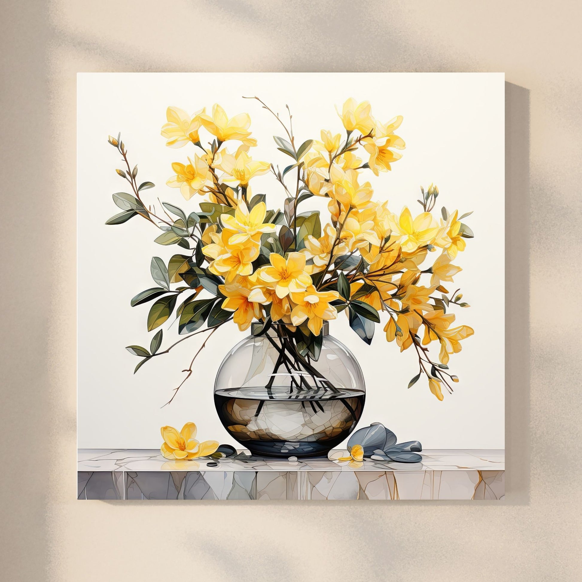 Våre "Blomster i Gult" plakat og lerret er vakkert designet med grafiske illustrasjoner i akvarell, som fremhever botaniske motiv av planter og blomster i nyanser av gult. Illustrasjonen viser motivet på lerret