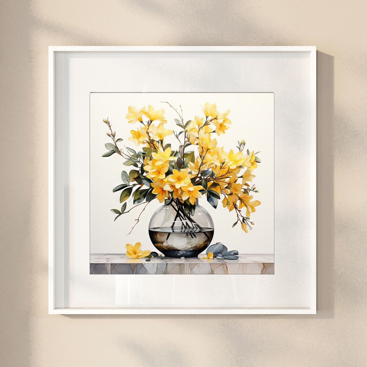 Våre "Blomster i Gult" plakat og lerret er vakkert designet med grafiske illustrasjoner i akvarell, som fremhever botaniske motiv av planter og blomster i nyanser av gult. Illustrasjonen viser motivet som plakat i hvit ramme.