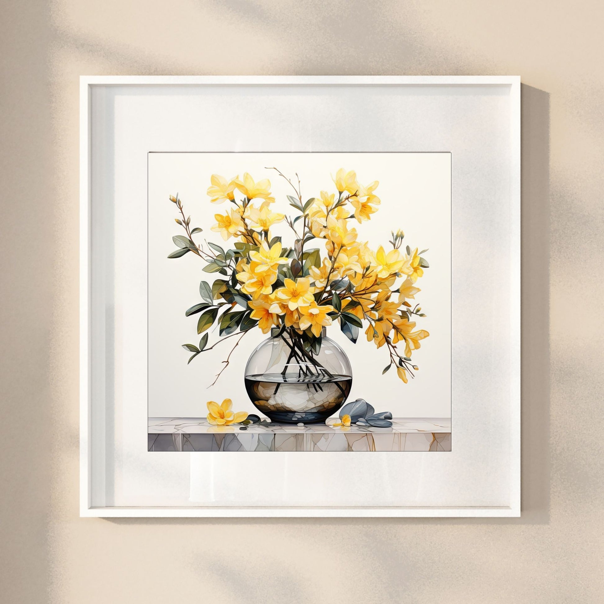 Våre "Blomster i Gult" plakat og lerret er vakkert designet med grafiske illustrasjoner i akvarell, som fremhever botaniske motiv av planter og blomster i nyanser av gult. Illustrasjonen viser motivet som plakat i hvit ramme.