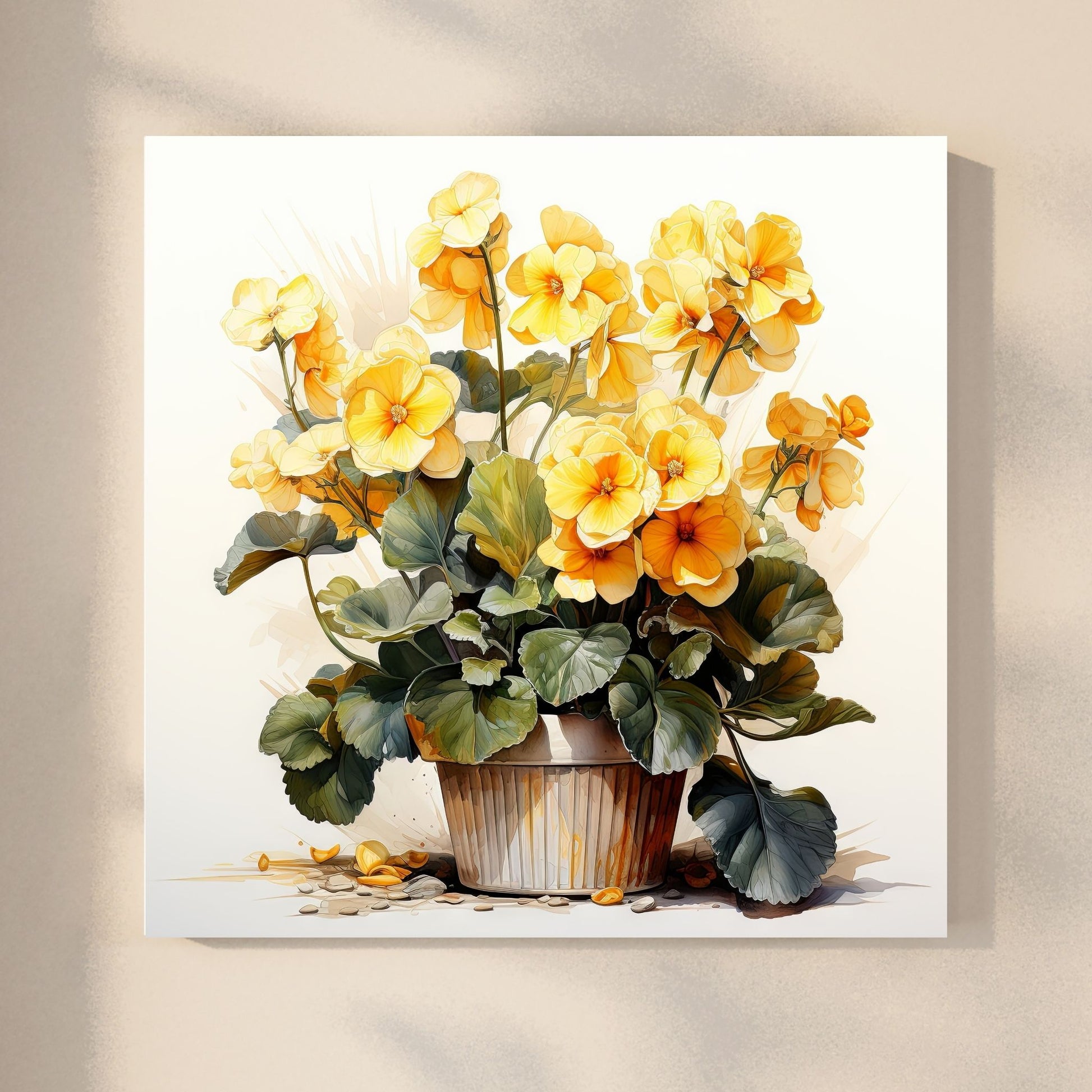 Våre "Blomster i Gult" plakat og lerret er vakkert designet med grafiske illustrasjoner i akvarell, som fremhever botaniske motiv av planter og blomster i nyanser av gult. Illustrasjonen viser motivet på lerret.