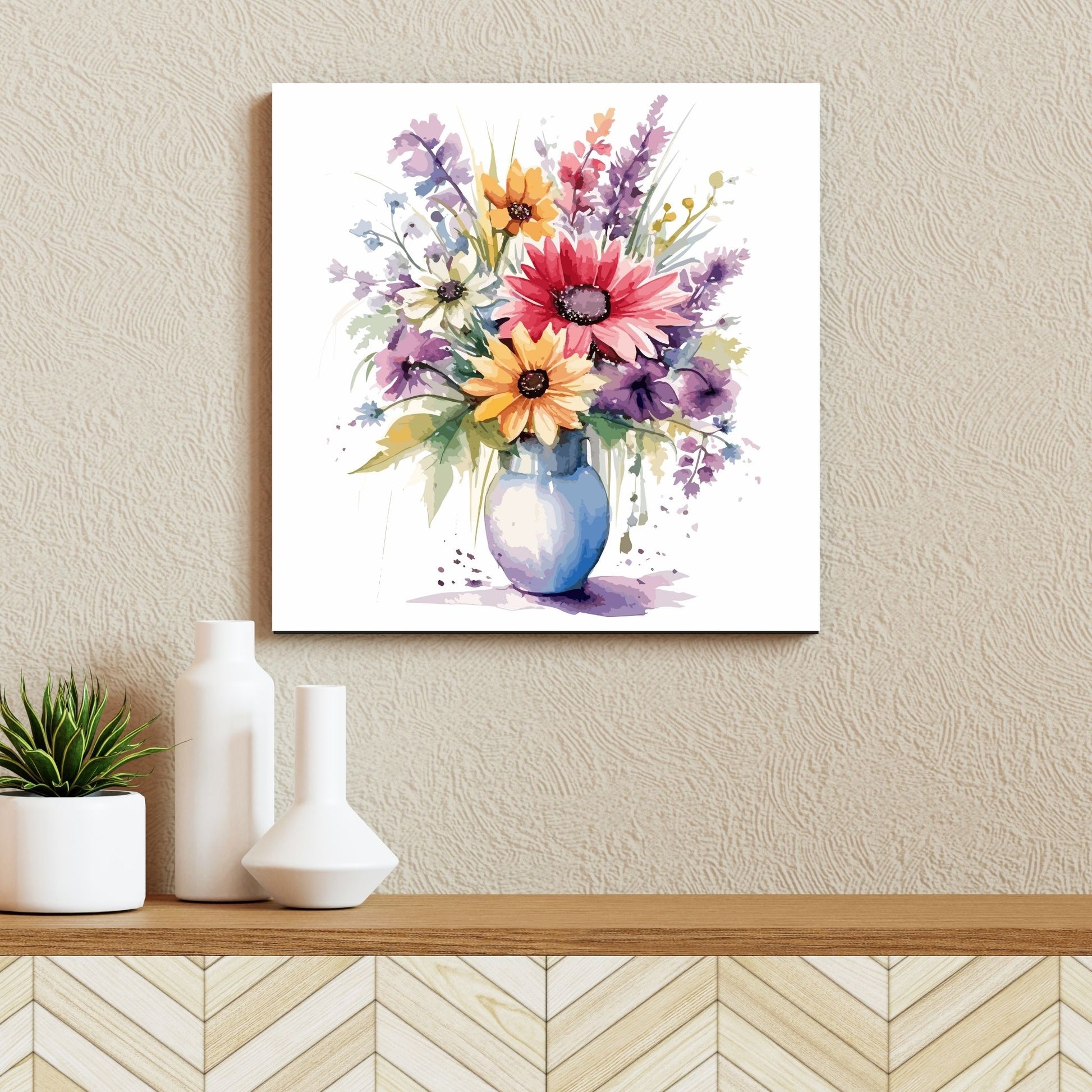 Vår "Blomster i vase" plakat og lerret er kunstnerisk utformet med grafiske illustrasjoner i akvarell, som skildrer en fargerik blomsterbukett i vase.  Illustrasjonen viser motivet på lerret.