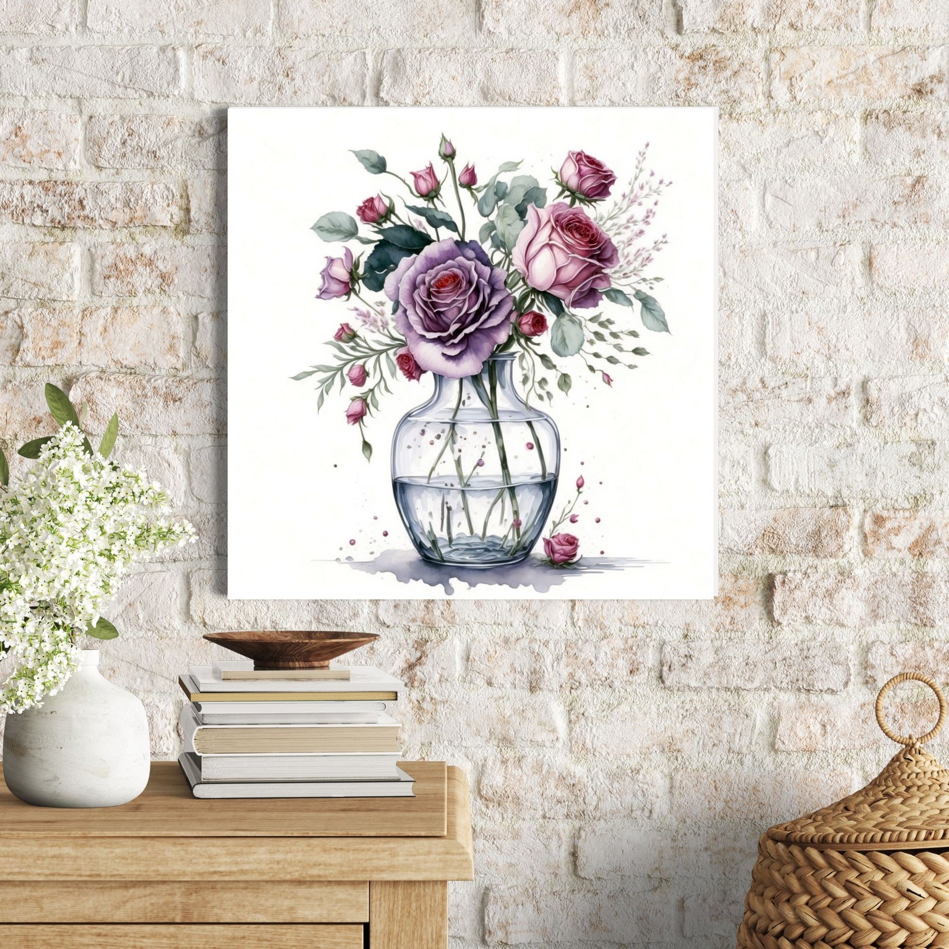 Vår "Blomster i vase" plakat og lerret er kunstnerisk utformet med grafiske illustrasjoner i akvarell, som skildrer en fargerik blomsterbukett i vase.  Illustrasjonen viser motivet på lerret.
