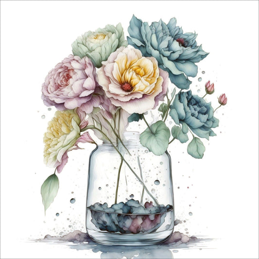 Vår "Blomster i vase" plakat og lerret er kunstnerisk utformet med grafiske illustrasjoner i akvarell, som skildrer en fargerik blomsterbukett i vase.  
