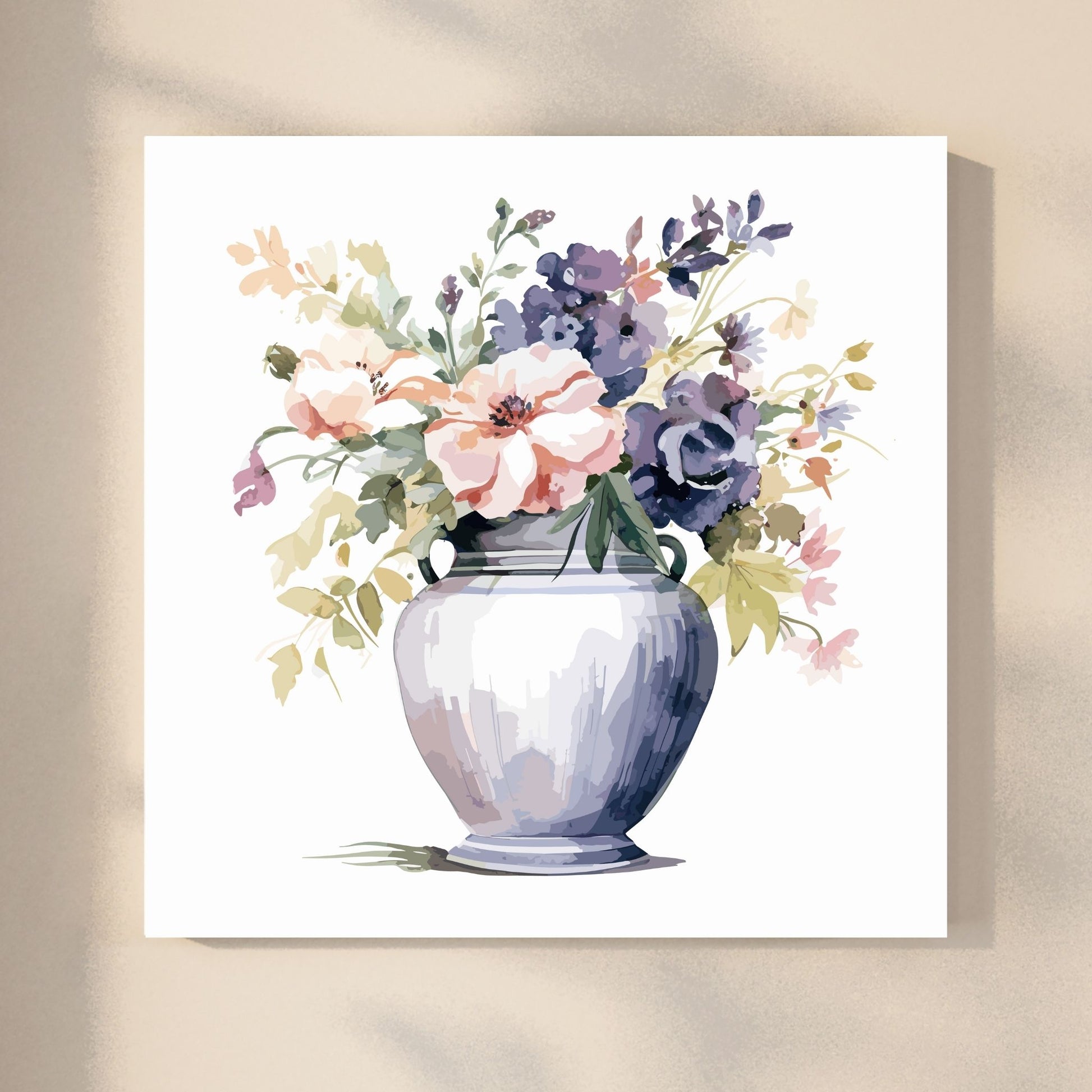 Vår "Blomster i vase" plakat og lerret er kunstnerisk utformet med grafiske illustrasjoner i akvarell, som skildrer en fargerik blomsterbukett i vase.  Illustrasjonen viser motivet på lerret.