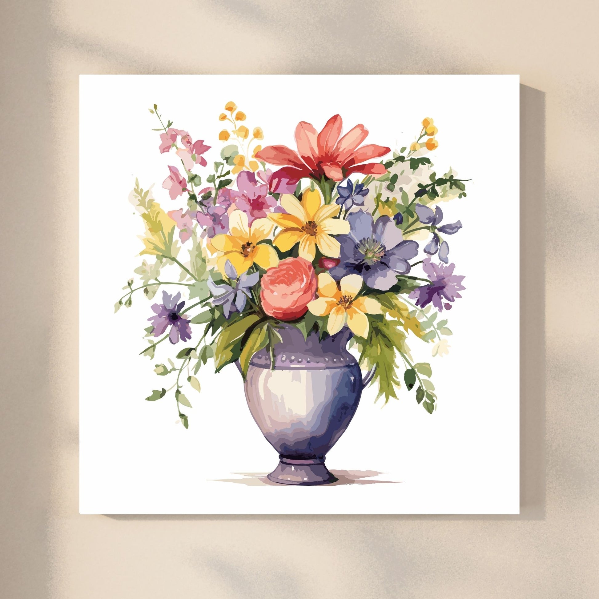Vår "Blomster i vase" plakat og lerret er kunstnerisk utformet med grafiske illustrasjoner i akvarell, som skildrer en fargerik blomsterbukett i vase.  Illustrasjonen viser motivet på lerret.