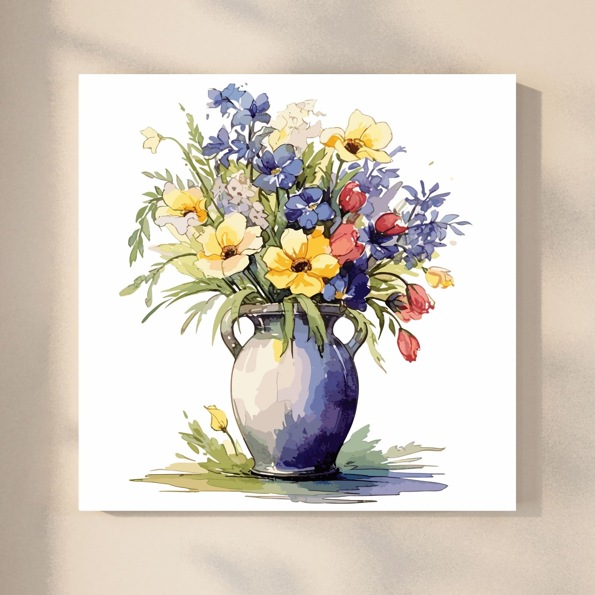 Vår "Blomster i vase" plakat og lerret er kunstnerisk utformet med grafiske illustrasjoner i akvarell, som skildrer en fargerik blomsterbukett i vase.  Illustrasjonen viser motivet på lerret.