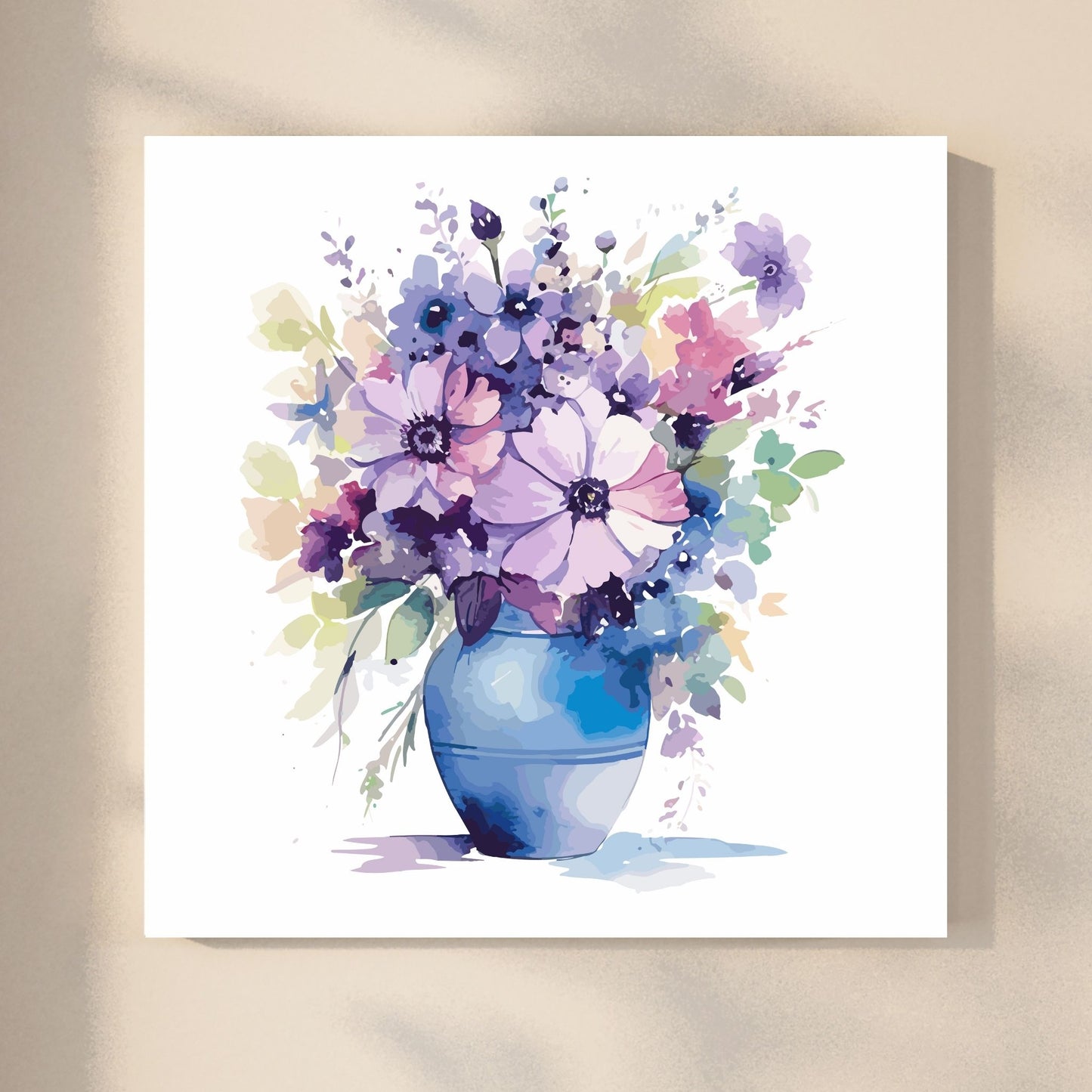 Vår "Blomster i vase" plakat og lerret er kunstnerisk utformet med grafiske illustrasjoner i akvarell, som skildrer en fargerik blomsterbukett i vase.  Illustrasjonen viser motivet på lerret-