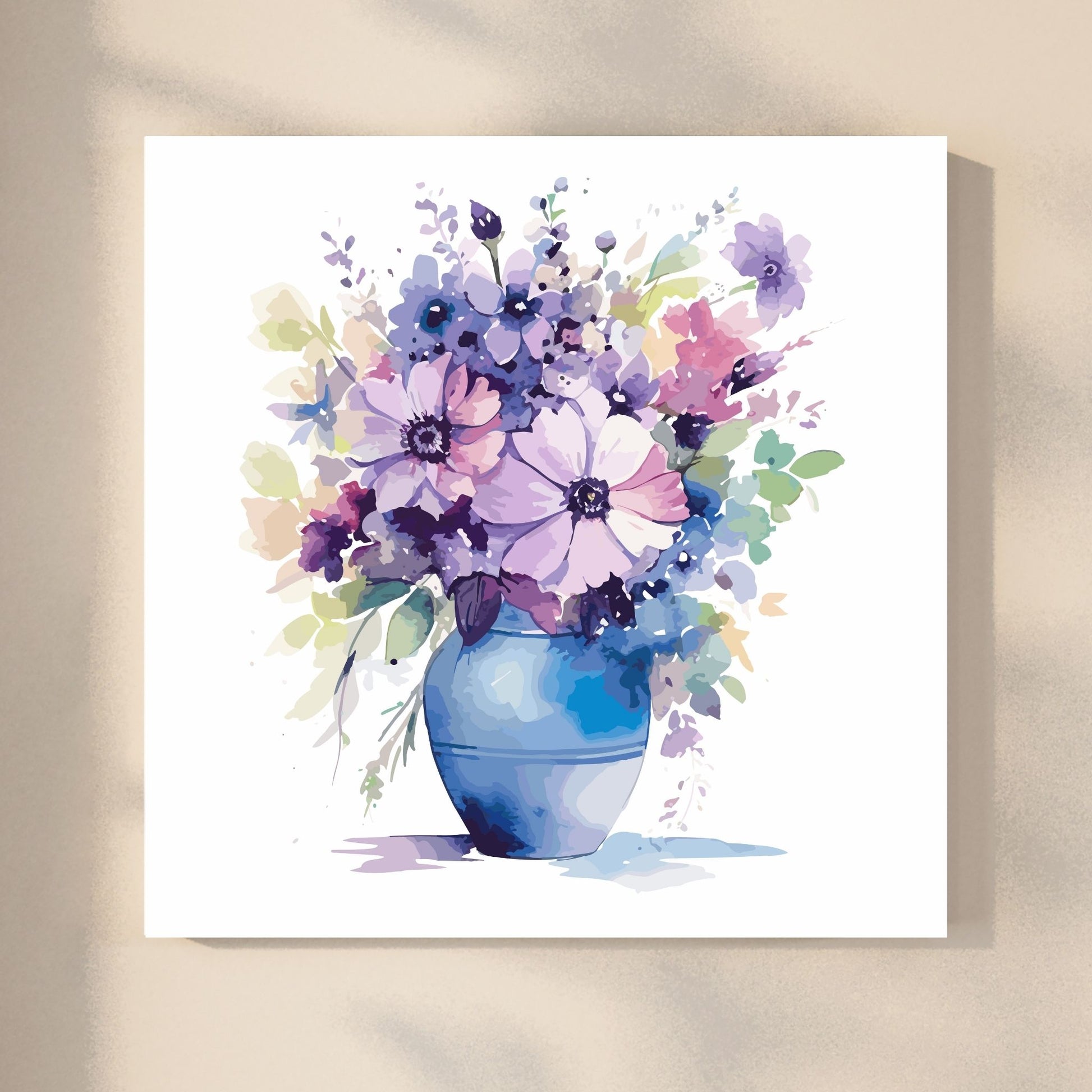 Vår "Blomster i vase" plakat og lerret er kunstnerisk utformet med grafiske illustrasjoner i akvarell, som skildrer en fargerik blomsterbukett i vase.  Illustrasjonen viser motivet på lerret-