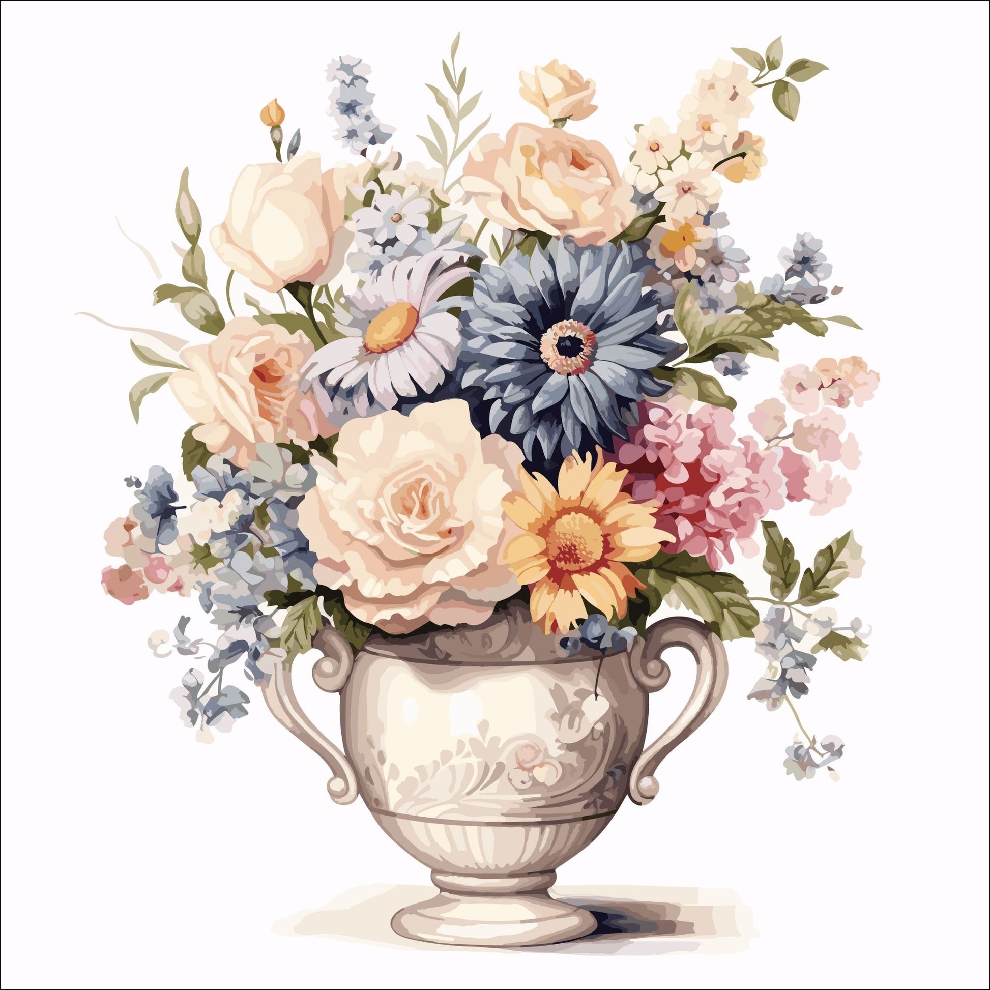 Vår "Blomster i vase" plakat og lerret er kunstnerisk utformet med grafiske illustrasjoner i akvarell, som skildrer en fargerik blomsterbukett i vase.  