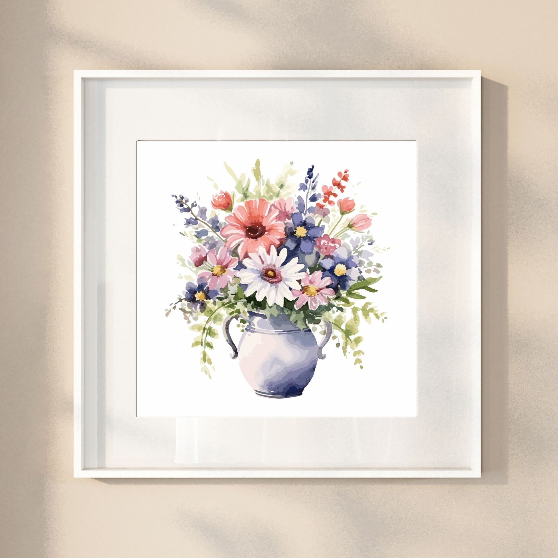 Vår "Blomster i vase" plakat og lerret er kunstnerisk utformet med grafiske illustrasjoner i akvarell, som skildrer en fargerik blomsterbukett i vase.  Illustrasjonen viser motivet som plakat i en hvit ramme.