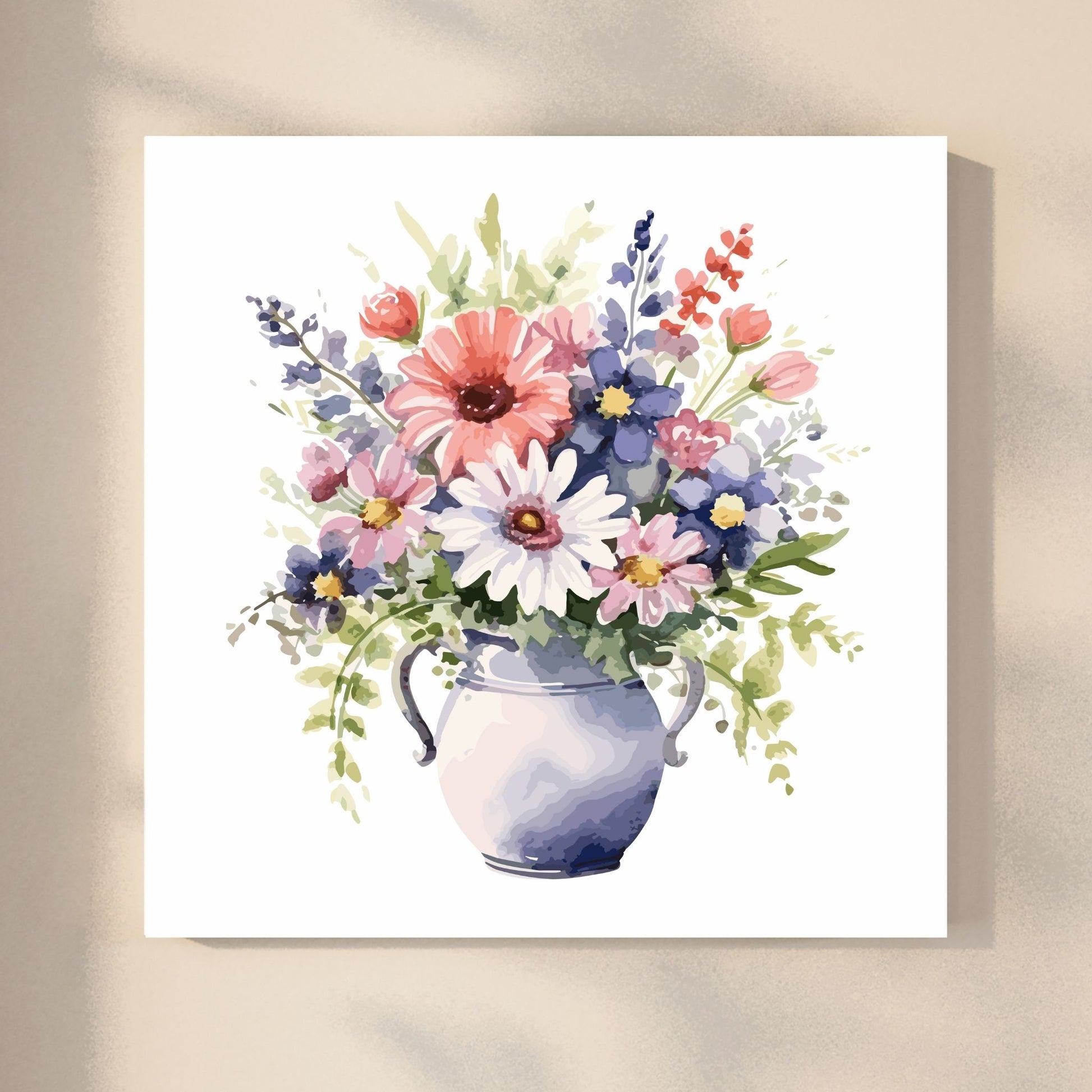 Vår "Blomster i vase" plakat og lerret er kunstnerisk utformet med grafiske illustrasjoner i akvarell, som skildrer en fargerik blomsterbukett i vase.  Illustrasjonen viser motivet på lerret.