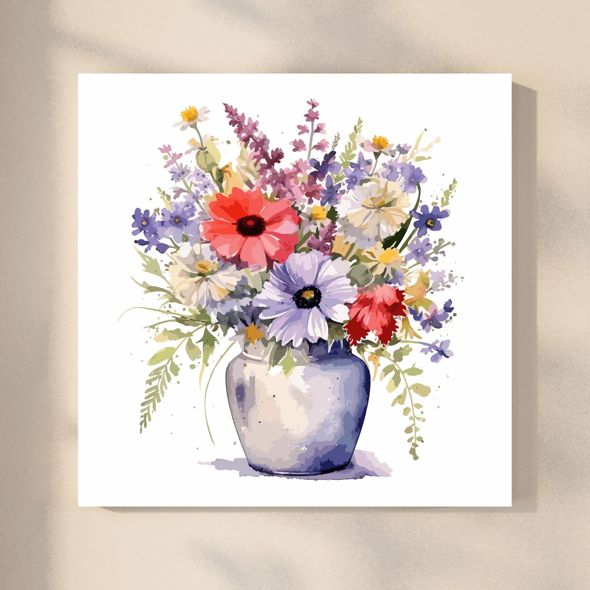Vår "Blomster i vase" plakat og lerret er kunstnerisk utformet med grafiske illustrasjoner i akvarell, som skildrer en fargerik blomsterbukett i vase.  Illustrasjonen viser motivet på lerret.