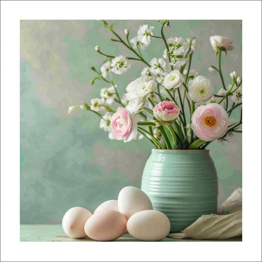 turkis vase fylt med delikate hvite og rosa blomster, perfekt supplert av flere hvite og rosa påskeegg som ligger ved siden av. 