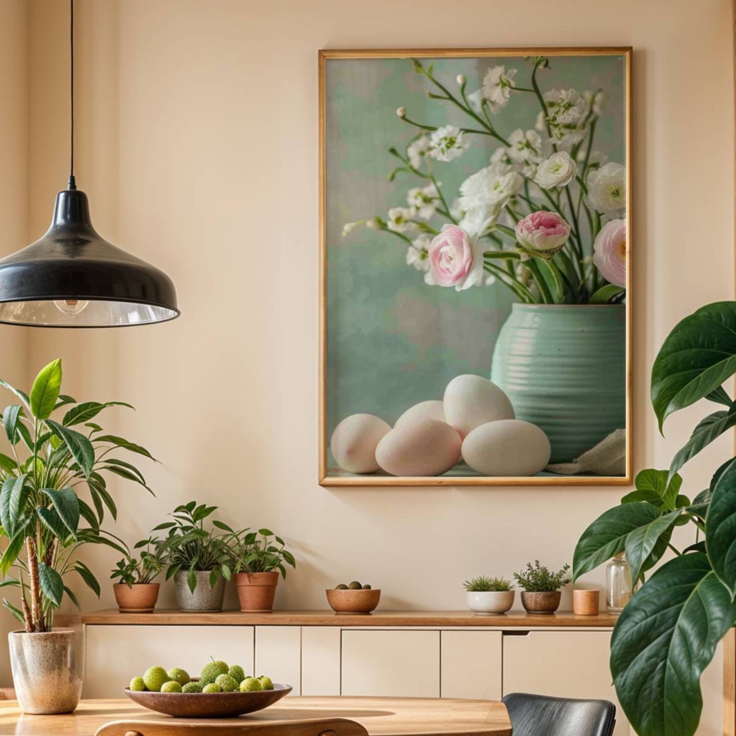La deg inspirere av det fargerike og livlige motivet som presenterer en turkis vase fylt med delikate hvite og rosa blomster, perfekt supplert av flere hvite og rosa påskeegg som ligger ved siden av. Illustrasjon viser plakat uten hvit kant i ramme.