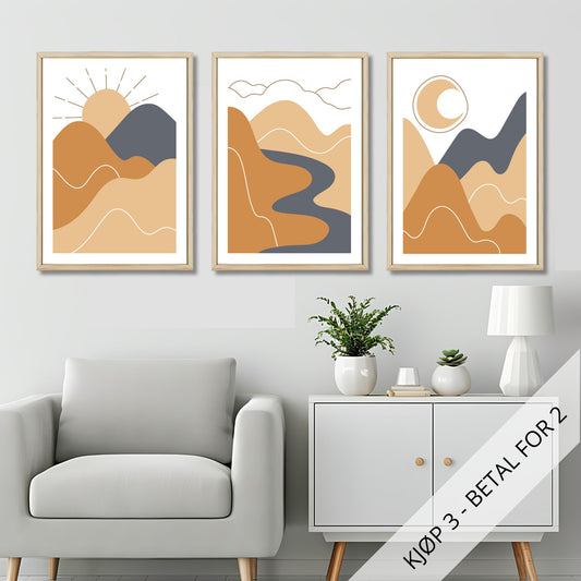 Frisk opp hjemmet ditt med Boho Wall Art – en elegant serie med tre plakater eller lerretsbilder som kombinerer moderne stil med varme jordfarger. Illustrasjonsfoto viser motivene som plakat i lyse rammer.