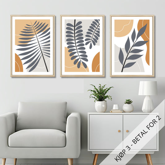 Gi hjemmet ditt et stilig og moderne uttrykk med vår vakre plakatserie "Boho Wall Art". Denne tredelte serien kombinerer organiske former og botaniske motiver i nøytrale jordtoner som beige, oker og grått. Illustrasjonsfoto viser motivene som plakat i lyse rammer.