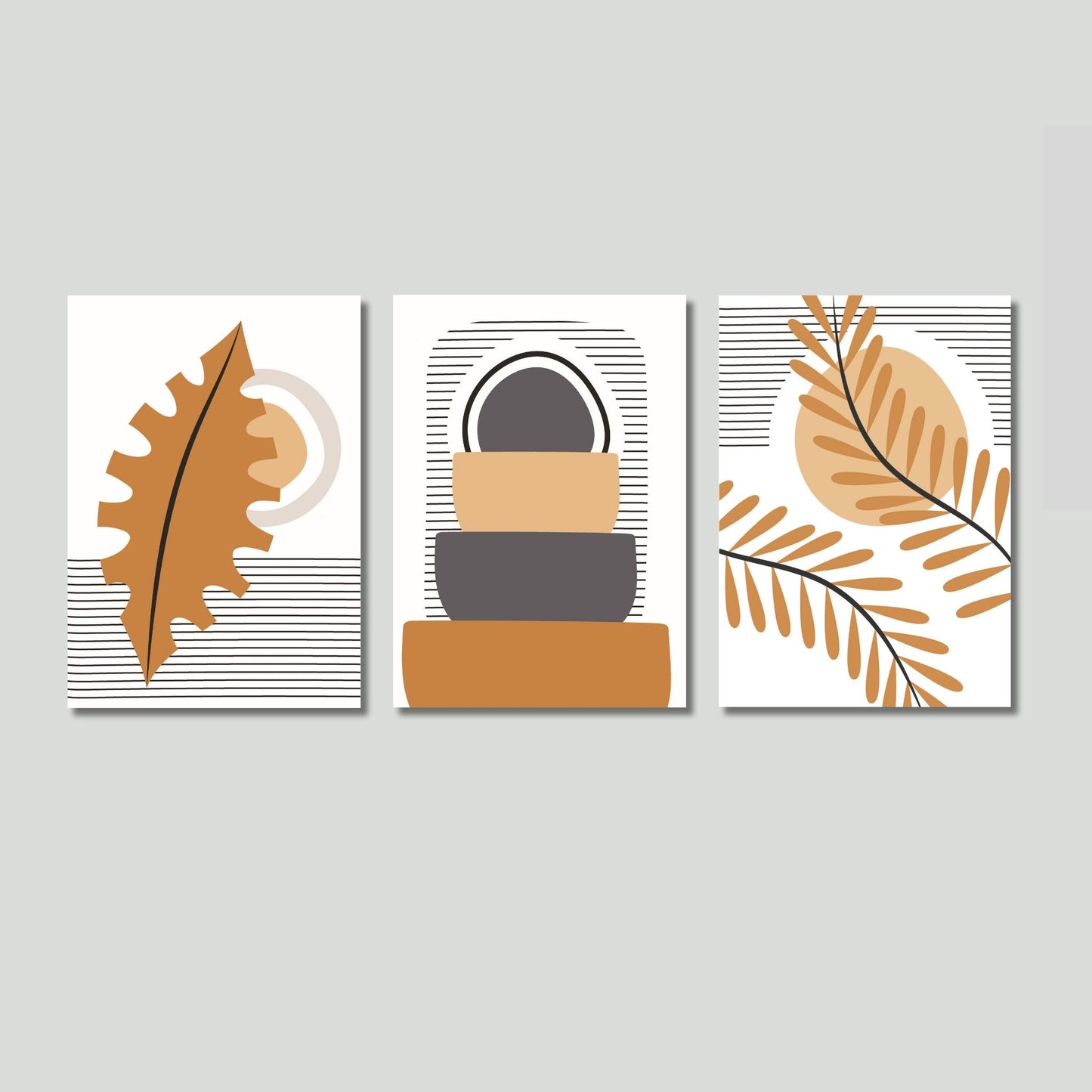 Oppdag den unike Boho Wall Art-serien som gir rommet ditt et moderne, bohemsk preg. Denne tredelte plakat- eller lerretsserien kombinerer varme farger og minimalistiske former. Illustrasjonsfoto viser motivene på lerret.
