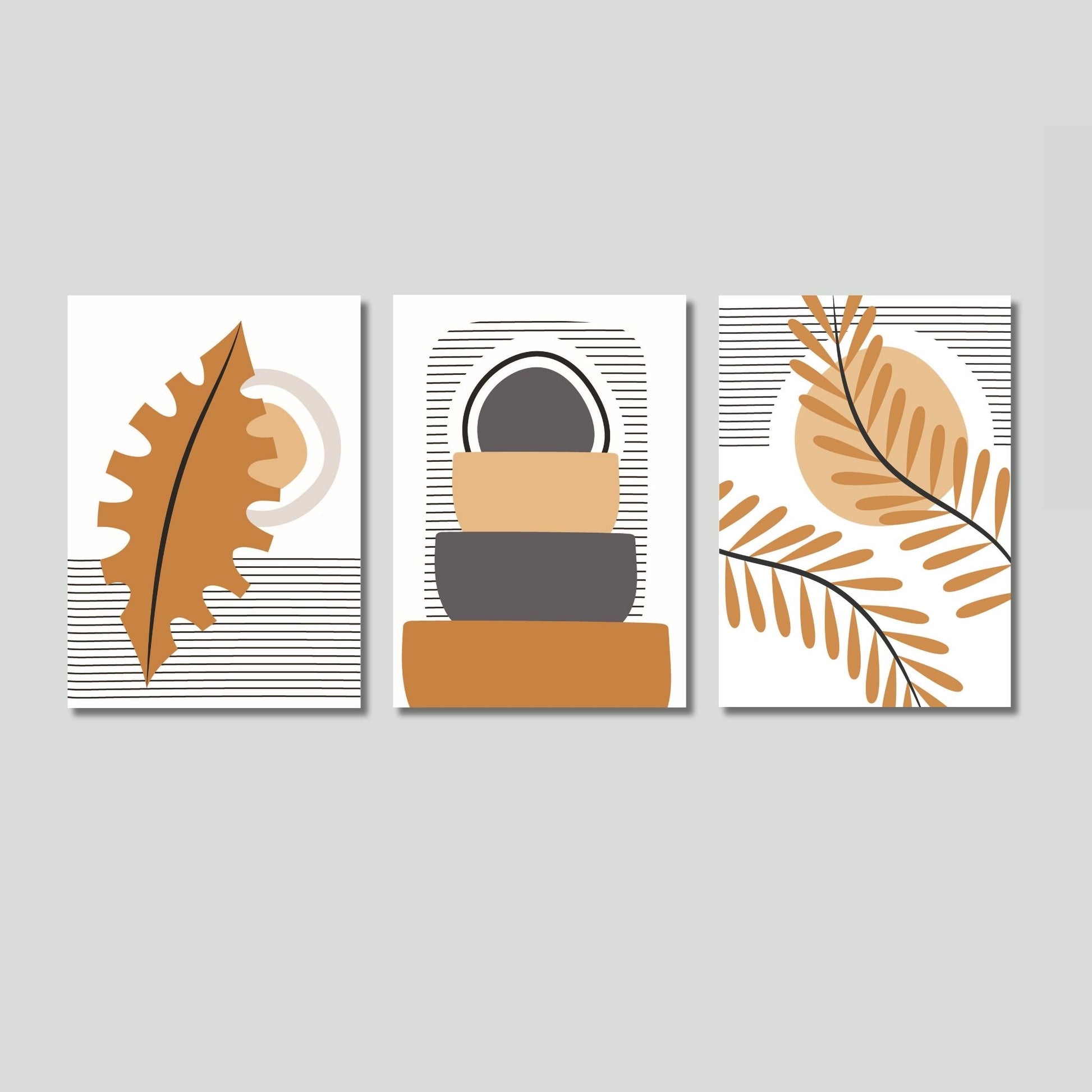 Oppdag den unike Boho Wall Art-serien som gir rommet ditt et moderne, bohemsk preg. Denne tredelte plakat- eller lerretsserien kombinerer varme farger og minimalistiske former. Illustrasjonsfoto viser motivene på lerret.
