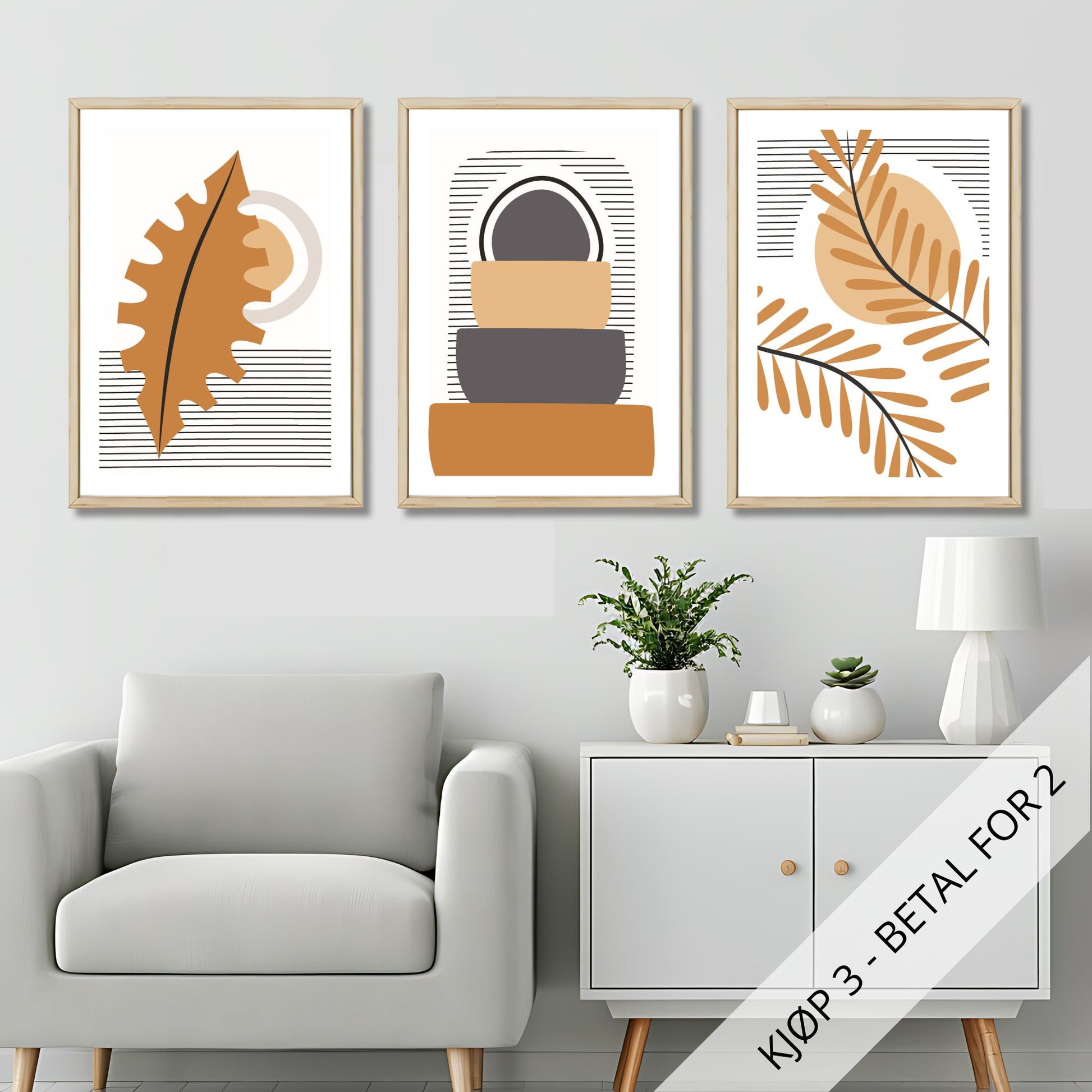 Oppdag den unike Boho Wall Art-serien som gir rommet ditt et moderne, bohemsk preg. Denne tredelte plakat- eller lerretsserien kombinerer varme farger og minimalistiske former. illustrasjonsfoto viser motivene som plakater i lyse rammer.