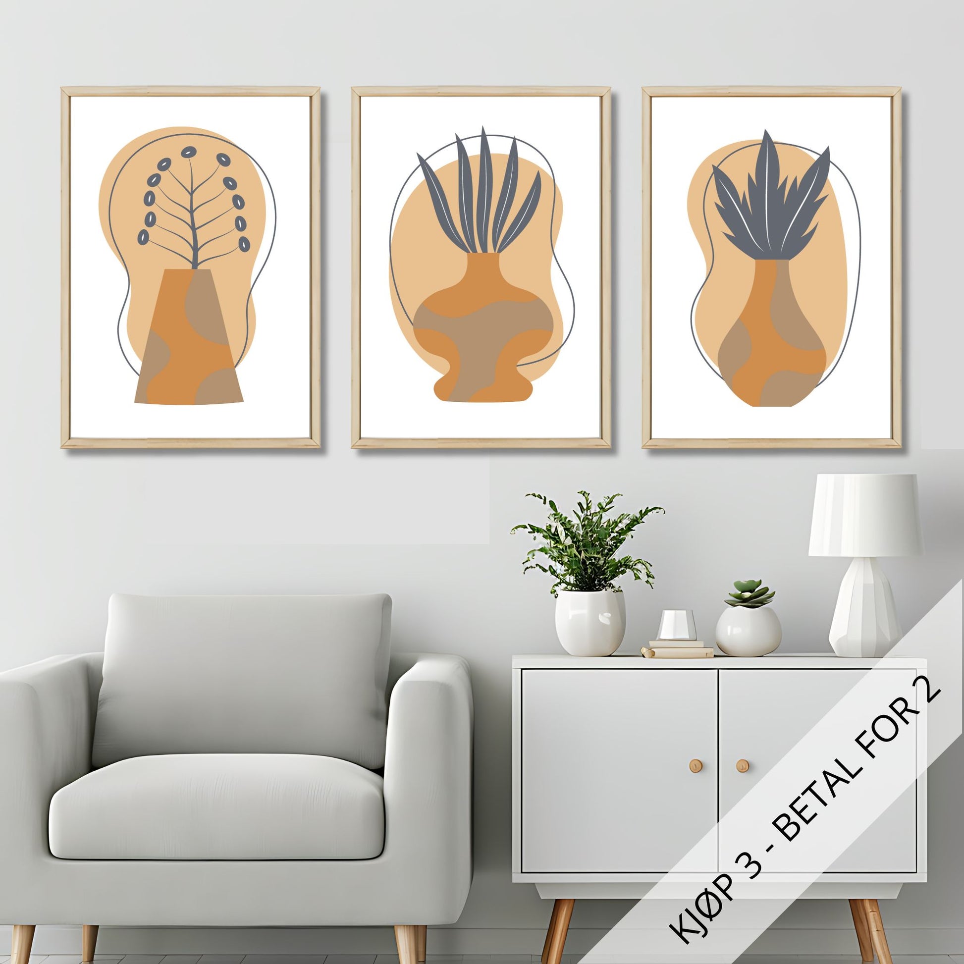 Denne kunstneriske serien består av tre minimalistiske motiver som kombinerer organiske former og myke jordtoner. Illustrasjonsfoto viser motivene som plakat i lys ramme.