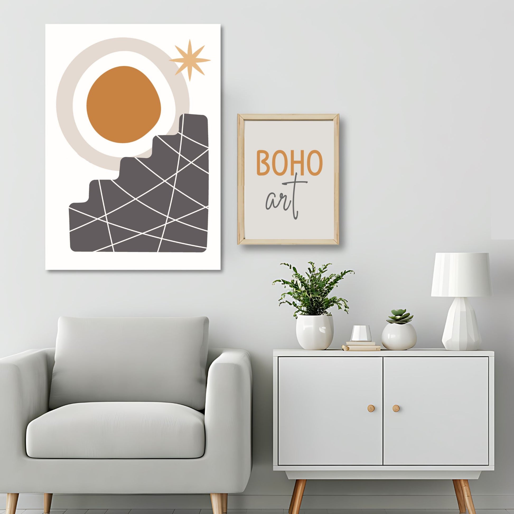 Dette kunstverket er inspirert av moderne minimalistisk design med innslag av naturlige former og fargetoner, perfekt for deg som ønsker å skape en varm og innbydende atmosfære. Illustrasjonsfoto viser motivet på lerret.