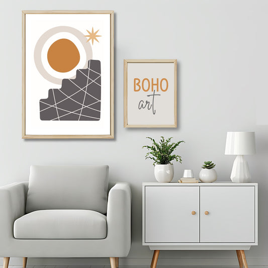 Dette kunstverket er inspirert av moderne minimalistisk design med innslag av naturlige former og fargetoner, perfekt for deg som ønsker å skape en varm og innbydende atmosfære. Illustrasjonsfoto viser motivet som plakat i lys ramme.